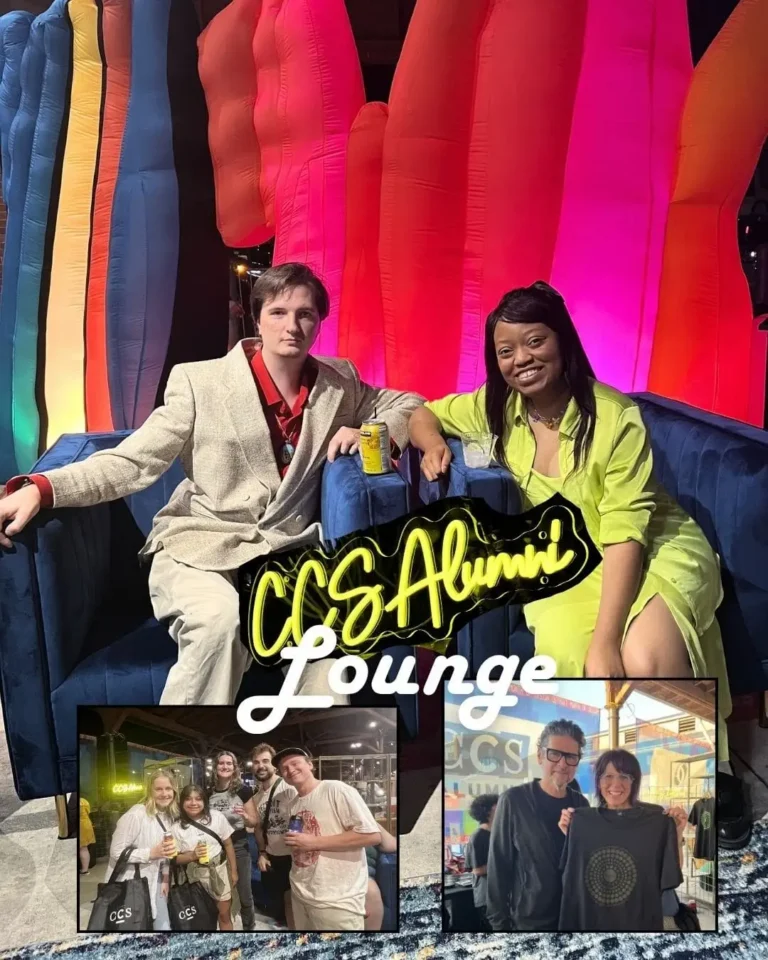 Photo collage featuring the text "CCS Alumni Lounge." The main image shows two people sitting on a blue couch in front of giant, colorful inflatable sculptures. Two smaller photo insets at the bottom show groups of people posing and smiling at an event.
