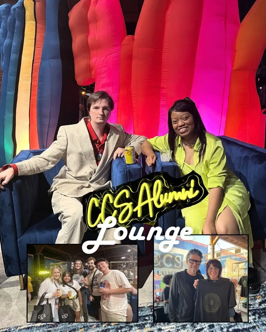 Photo collage featuring the text "CCS Alumni Lounge." The main image shows two people sitting on a blue couch in front of giant, colorful inflatable sculptures. Two smaller photo insets at the bottom show groups of people posing and smiling at an event.
