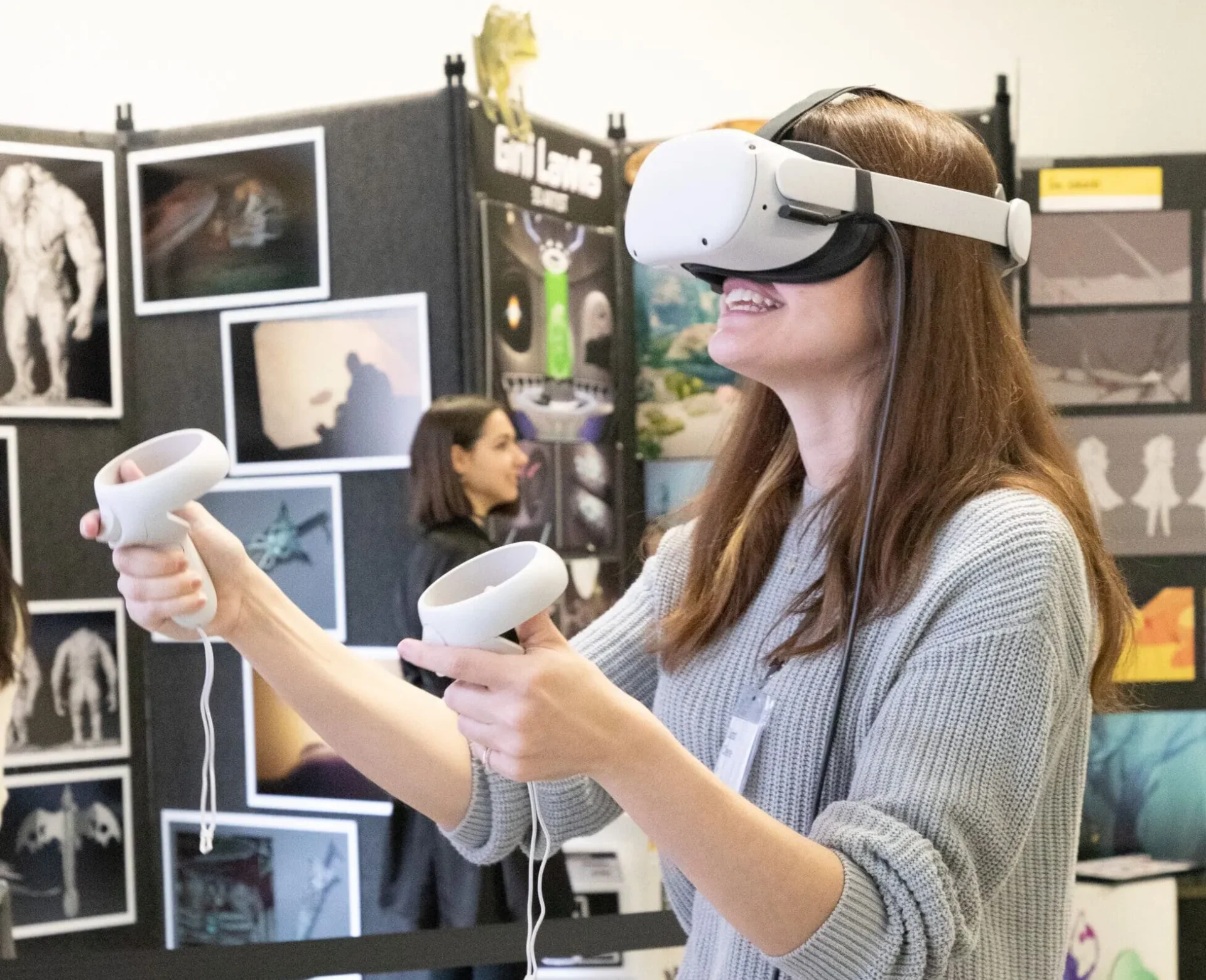 A student uses a virtual reality headseat to view a student projcet as part of the ARC lab partnership between Oakland University and CCS.