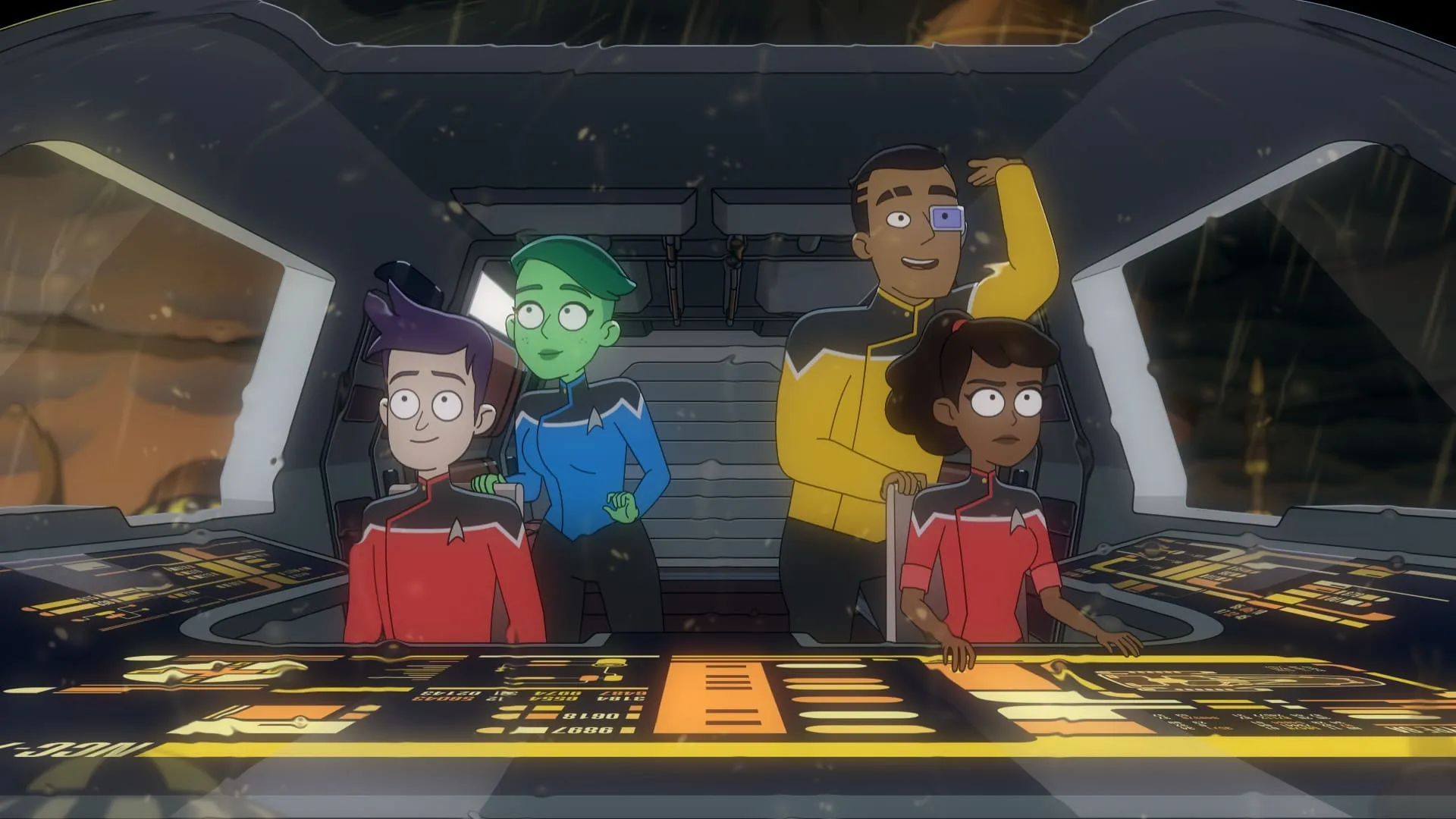an animated group of people in a ship in space in front of a control board