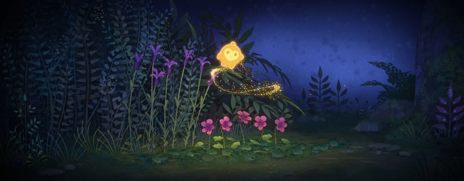 animated star flying through a garden of pink and purple flowers at night