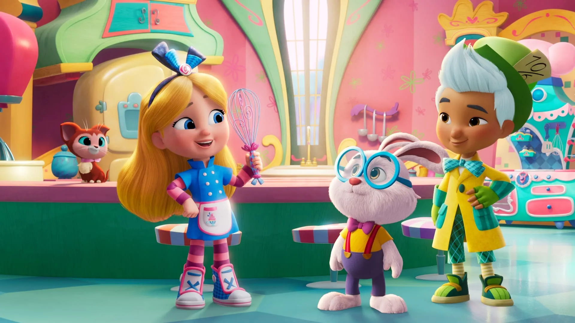 animated cartoon in a pink, green and yellow kitchen and a baker holding a whisk talking to a bunny with glasses and person with a yellow and green long coat and top hat