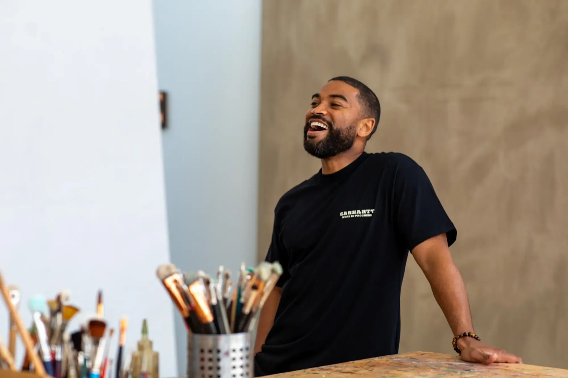 Mario Moore in his studio in Detroit, Michigan.