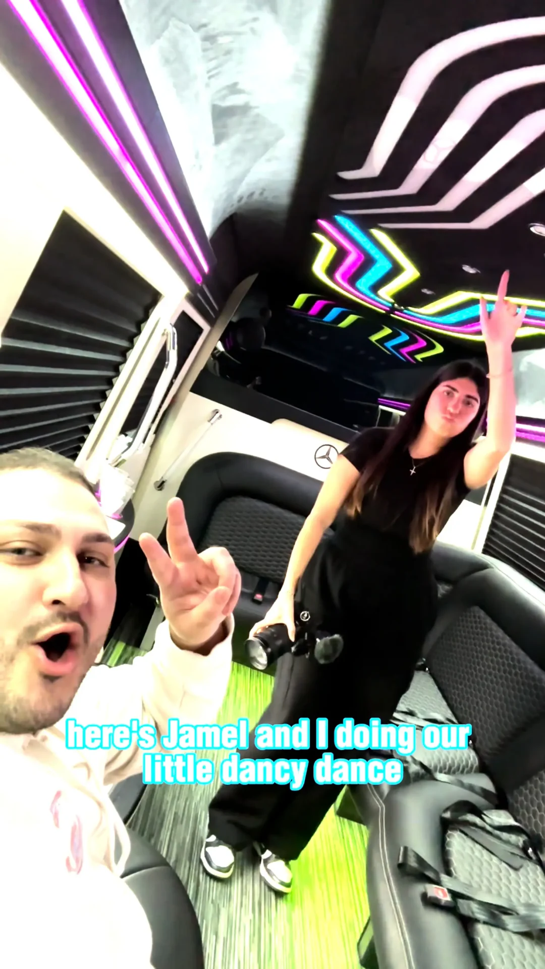 Annabelle Saco on set in a party bus, filming content for social media influencers.