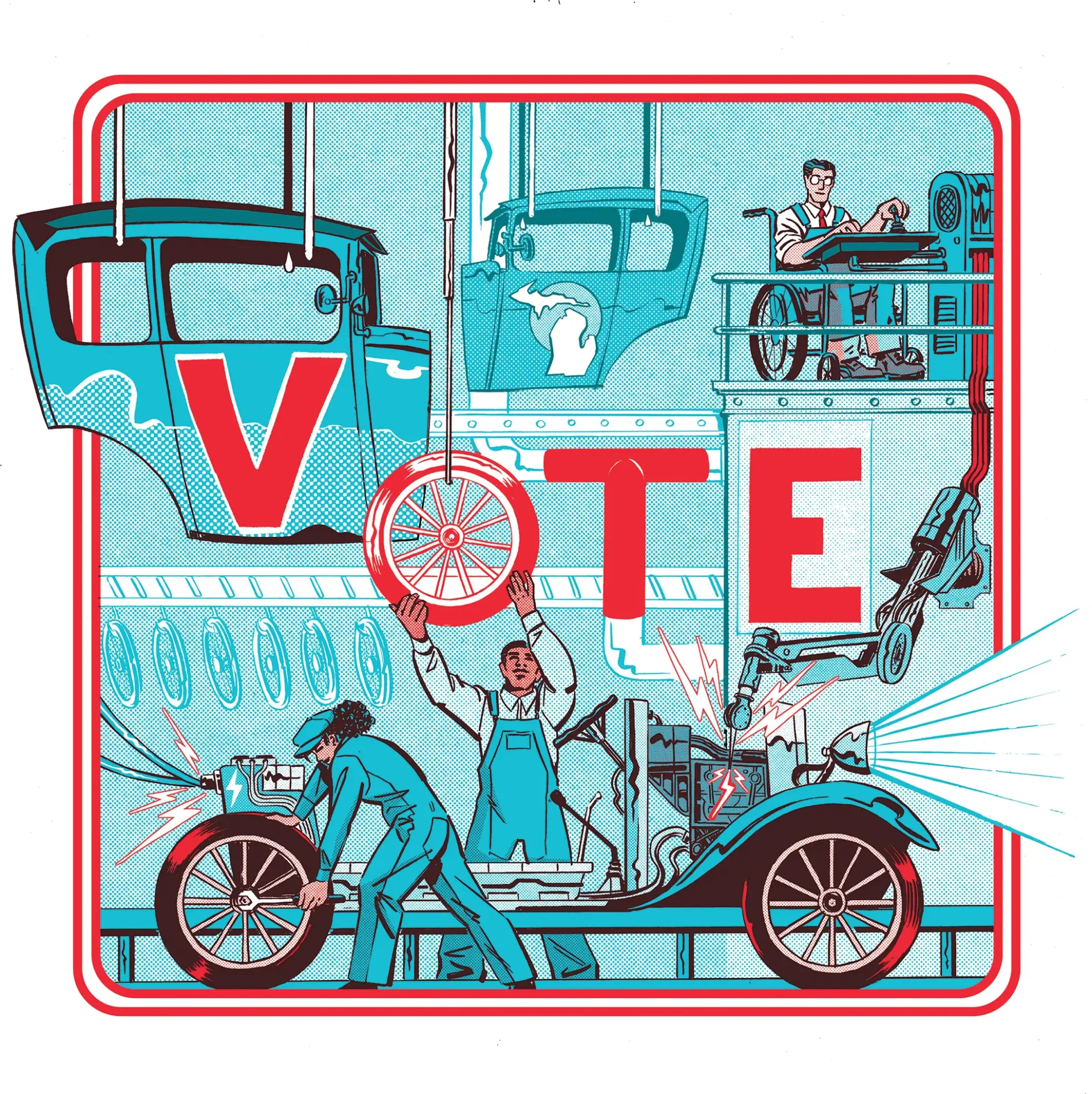 Illustration by Sean Peacock featuring Michigan auto workers and large letters spelling VOTE.