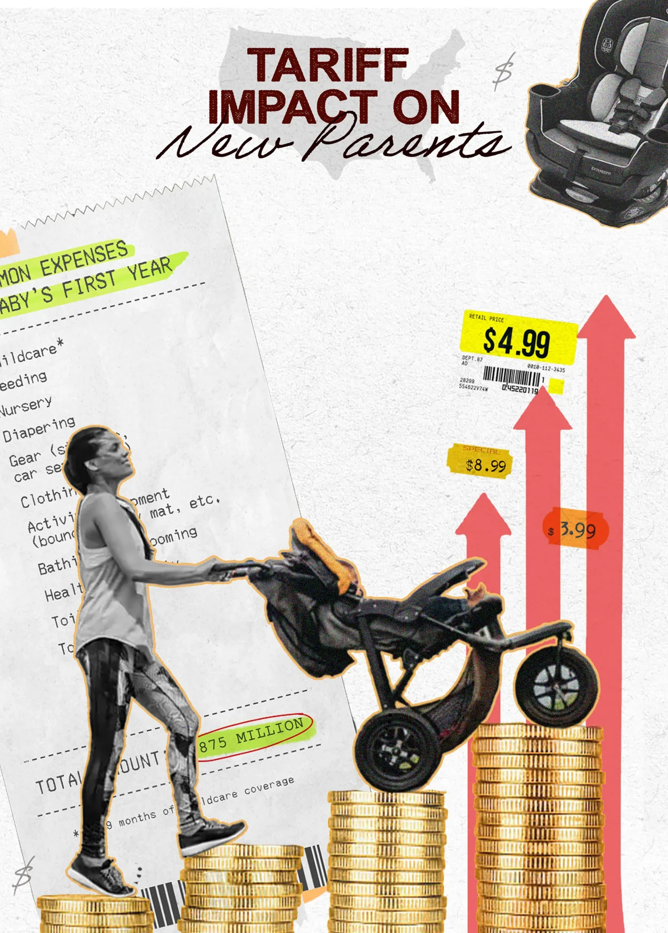 Graphic by Ivonne Serrano illustrating the impact of tariffs on new parents, with rising prices and common baby expenses.