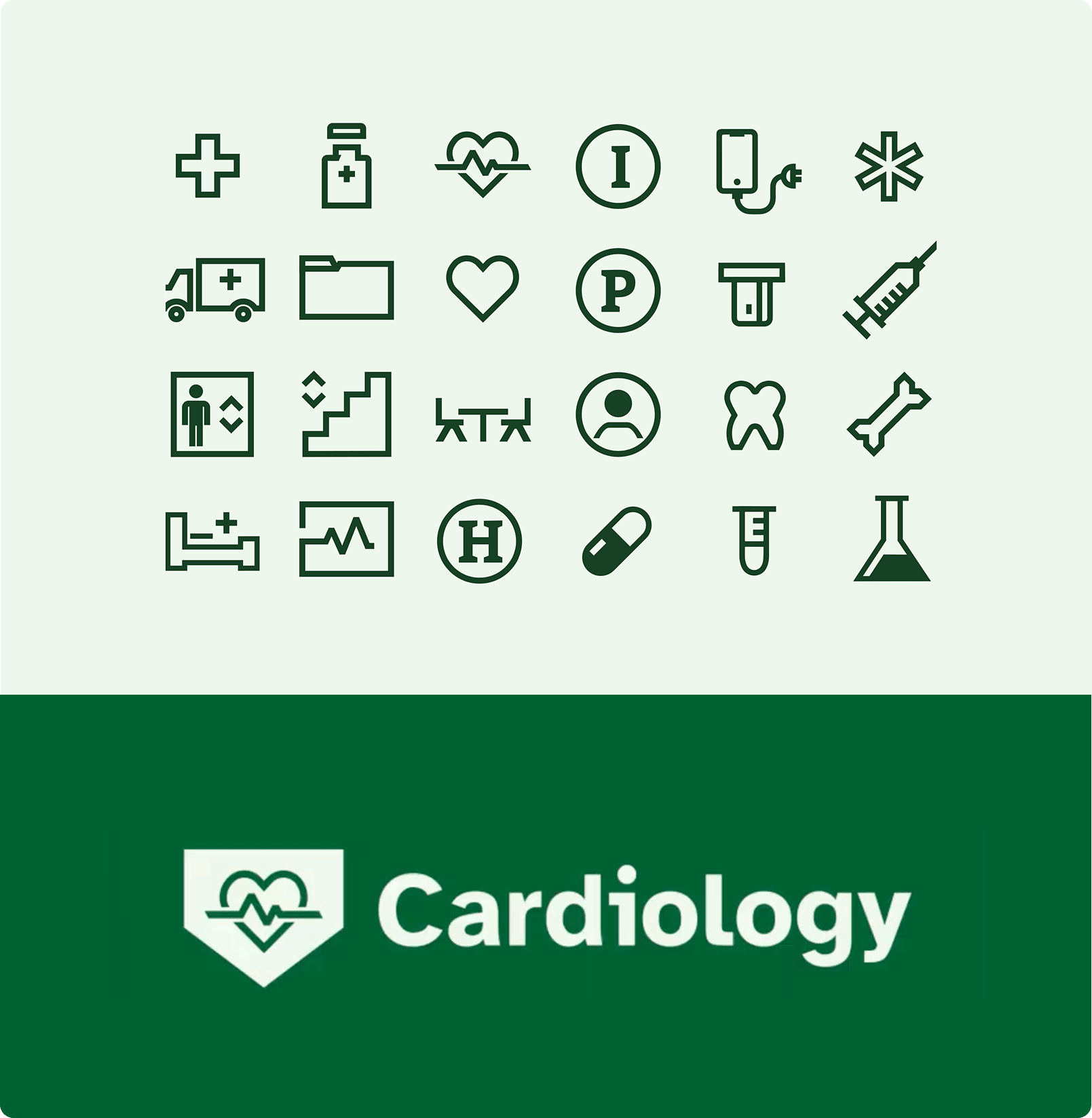 A cluster of simple icons created for the VA rebrand, as well as an example of how they can be used with typography. The example shows a heart icon next to 'Cardiology'