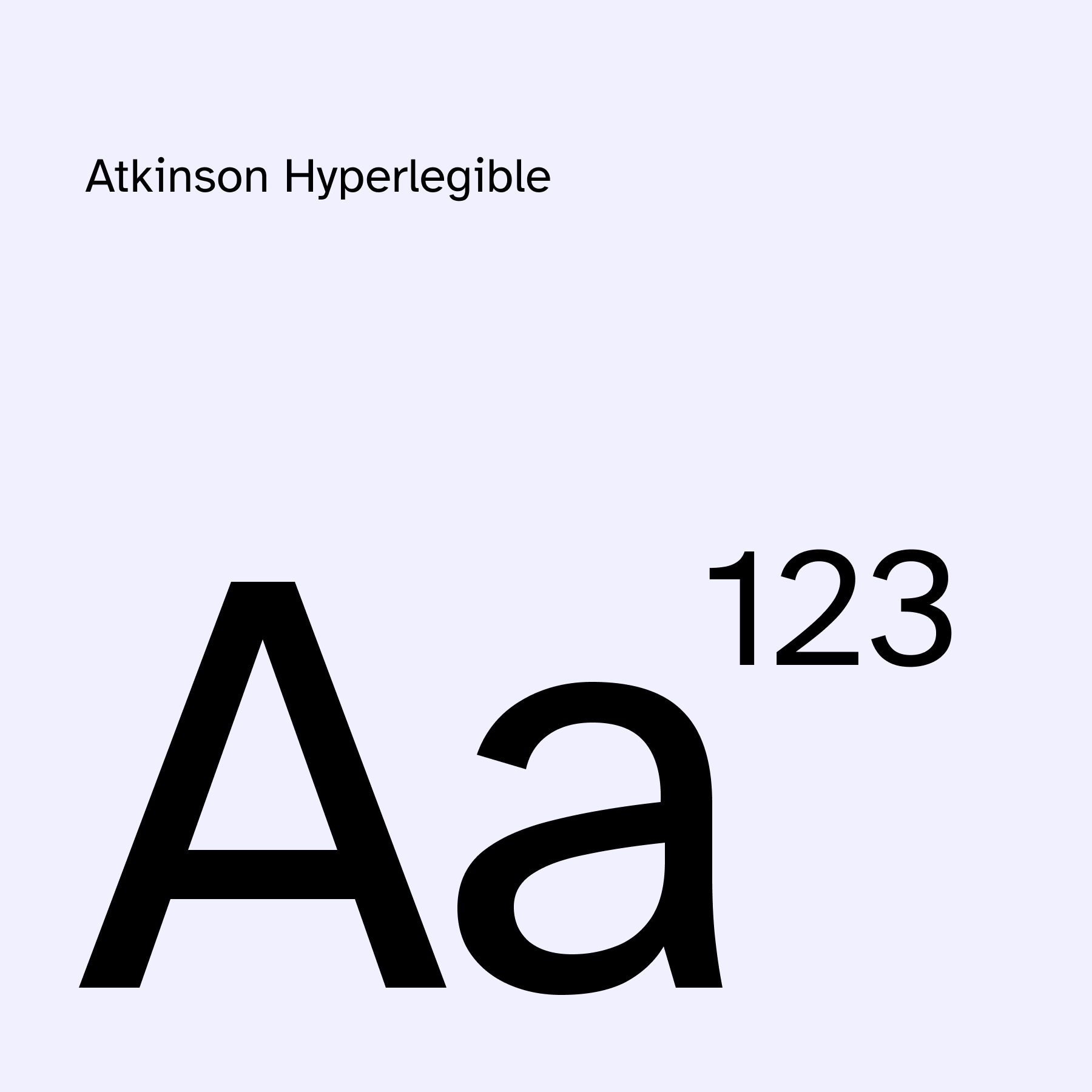 A type tile for the typeface Atkinson Hyperlegible. It features a capital and lowercase letter 'A' and a 1, 2 and 3