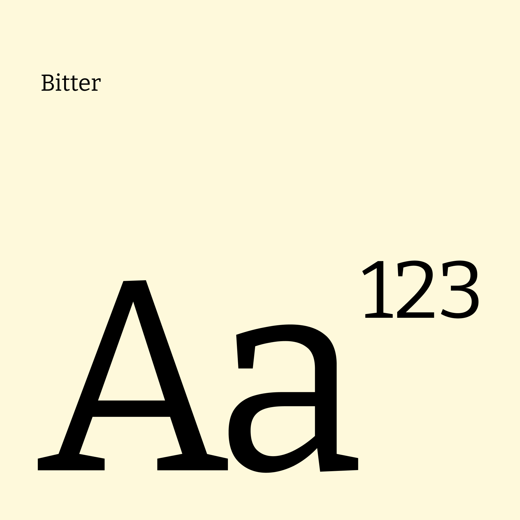 A type tile for the typeface Bitter. It features a capital and lowercase letter 'A' and a 1, 2 and 3