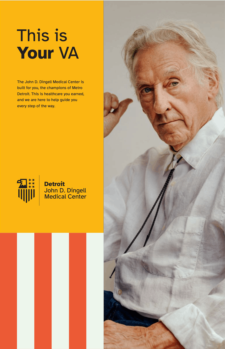 A color block grid for the VA rebrand, showing how the grid structure can be used with grid lines, with images and text