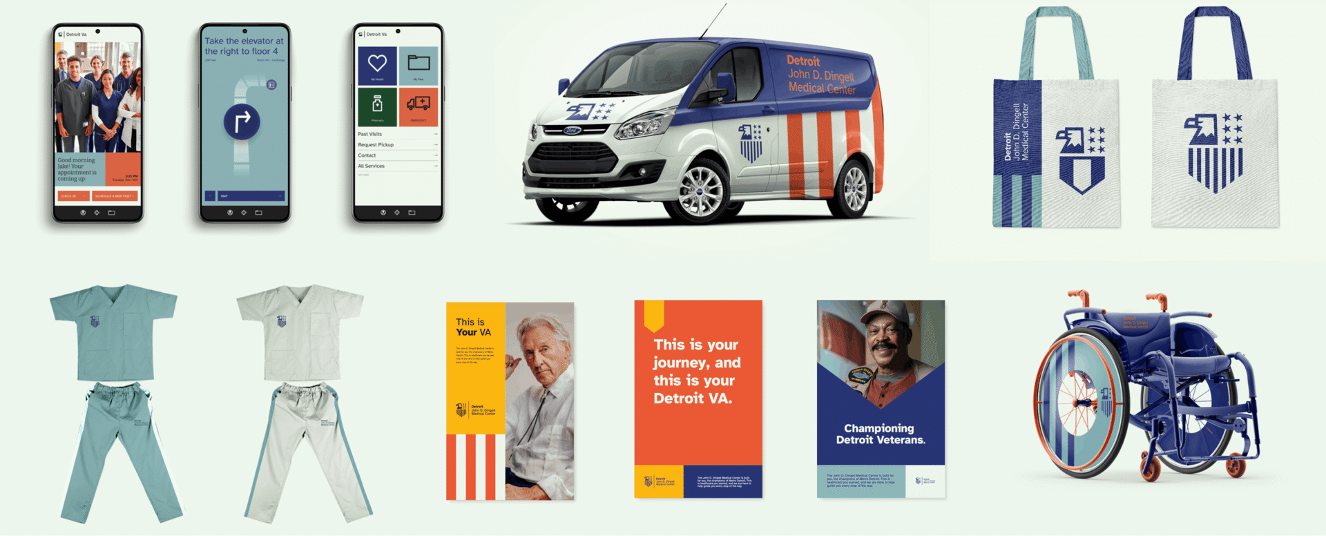 A collection of rebranding images, including transportation, clothing, print materials, mobile app and swag