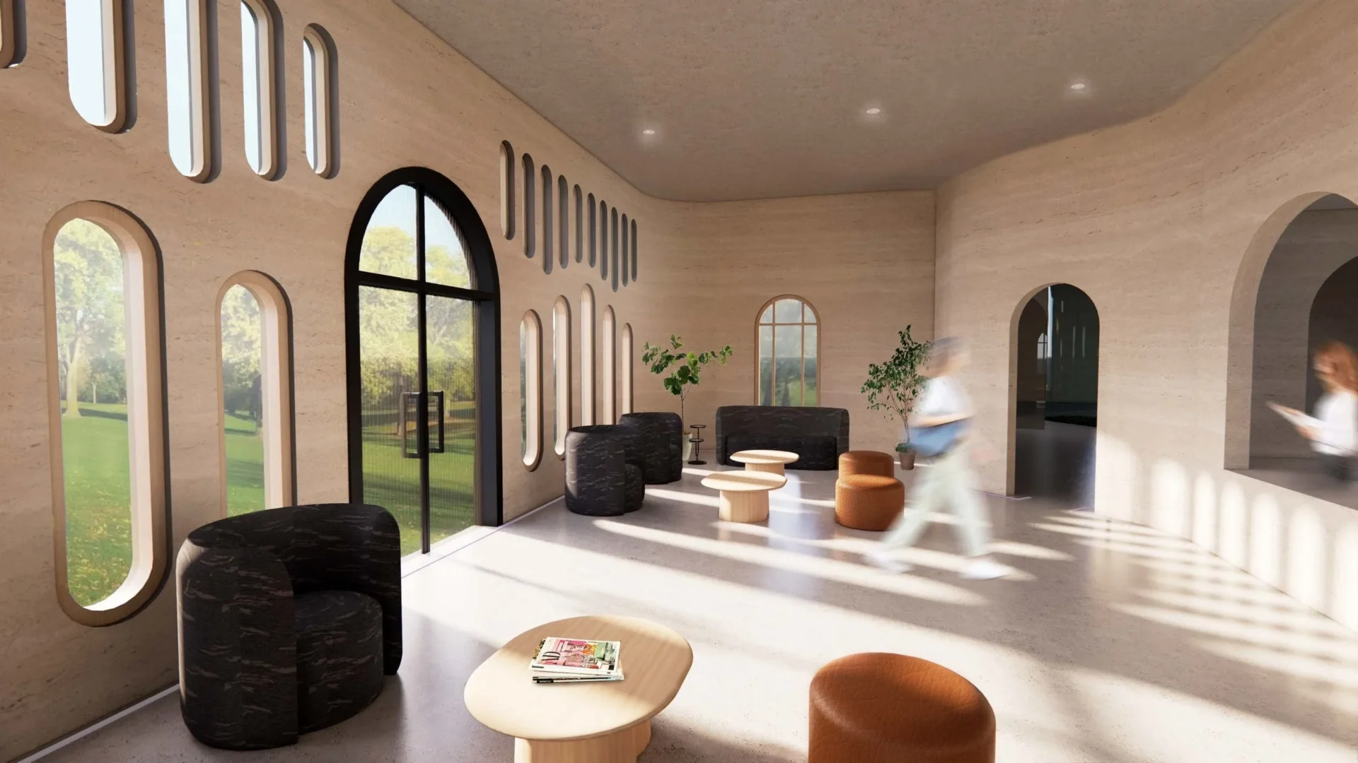 A rendering of a big open space with open windows, furniture and a person walking through