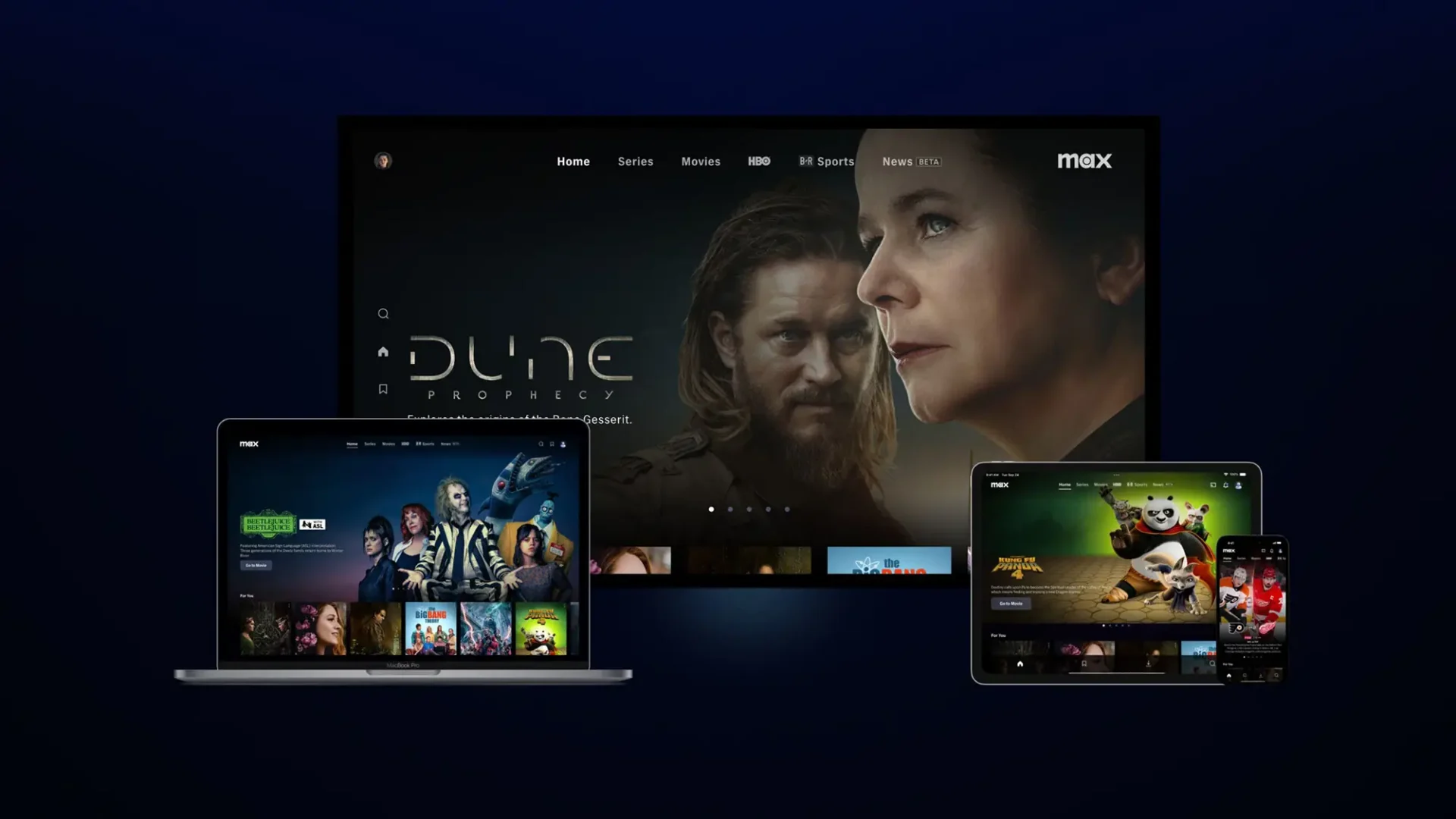 A laptop, ipad, iphone and TV mockup showing the HBO max interface