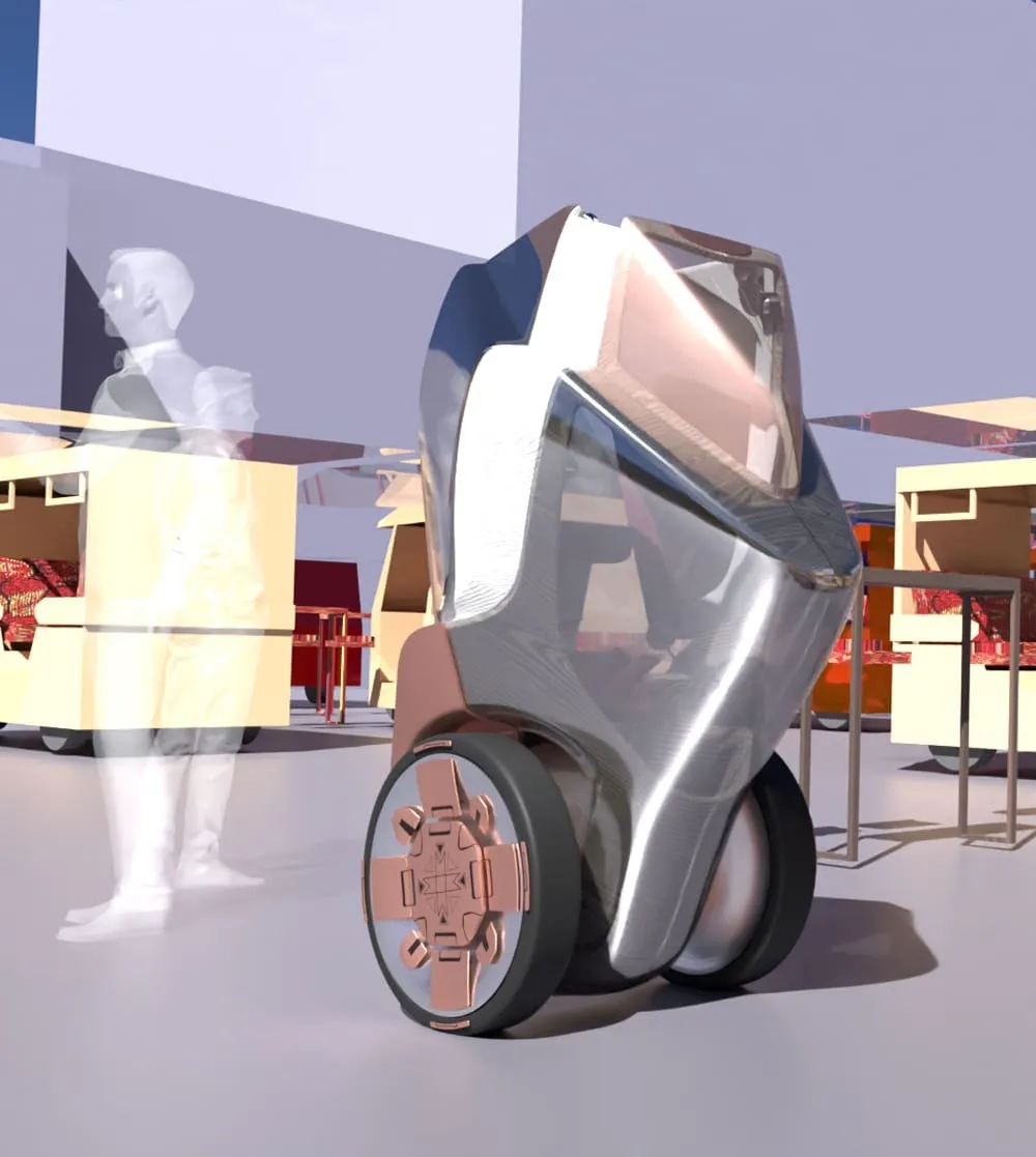 A bi-pedal vehicle next to silhouetted people