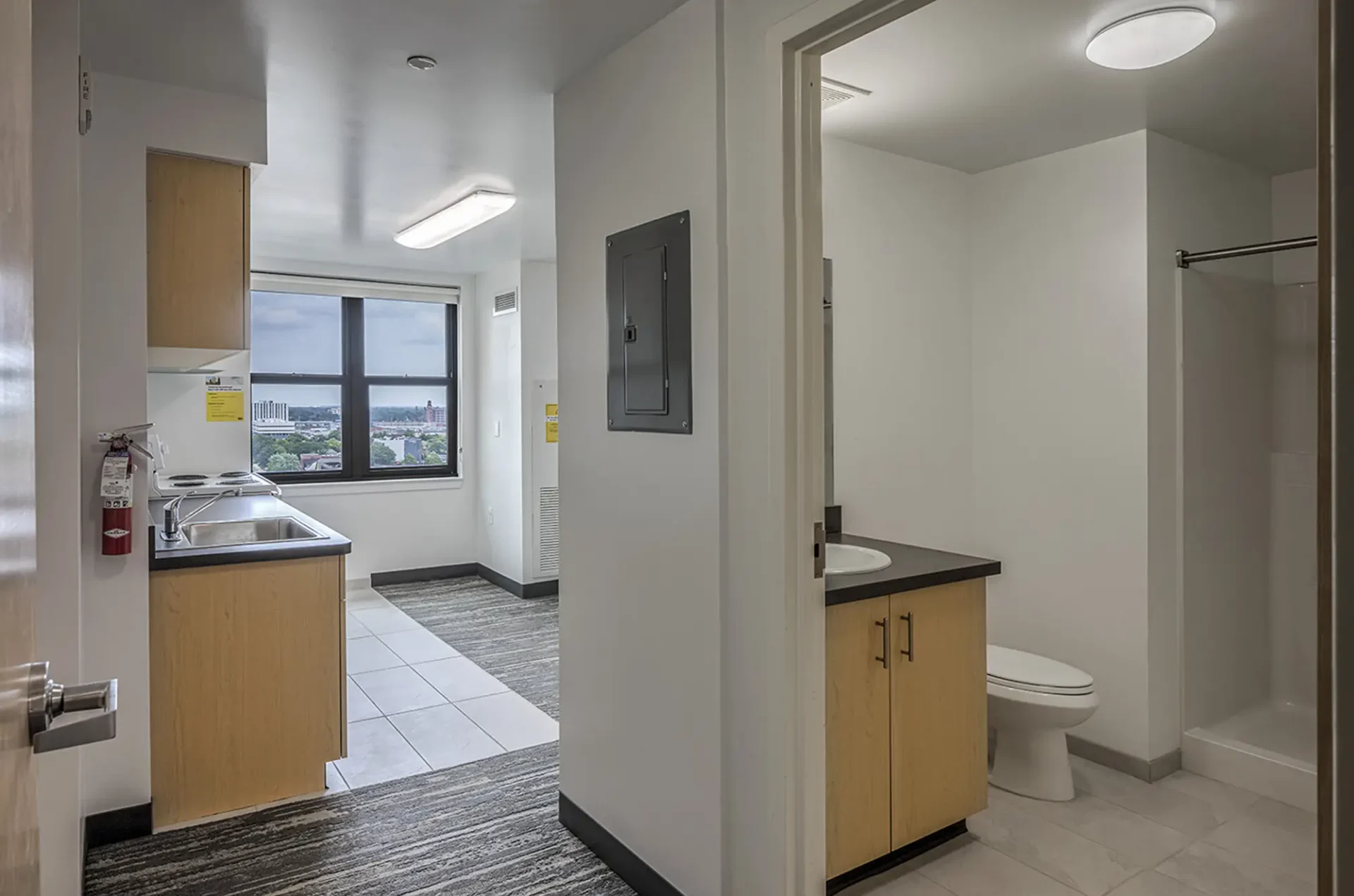 An interior shot of a dorm at the ACB on the Ford Campus. You can see the bathroom and the kitchen