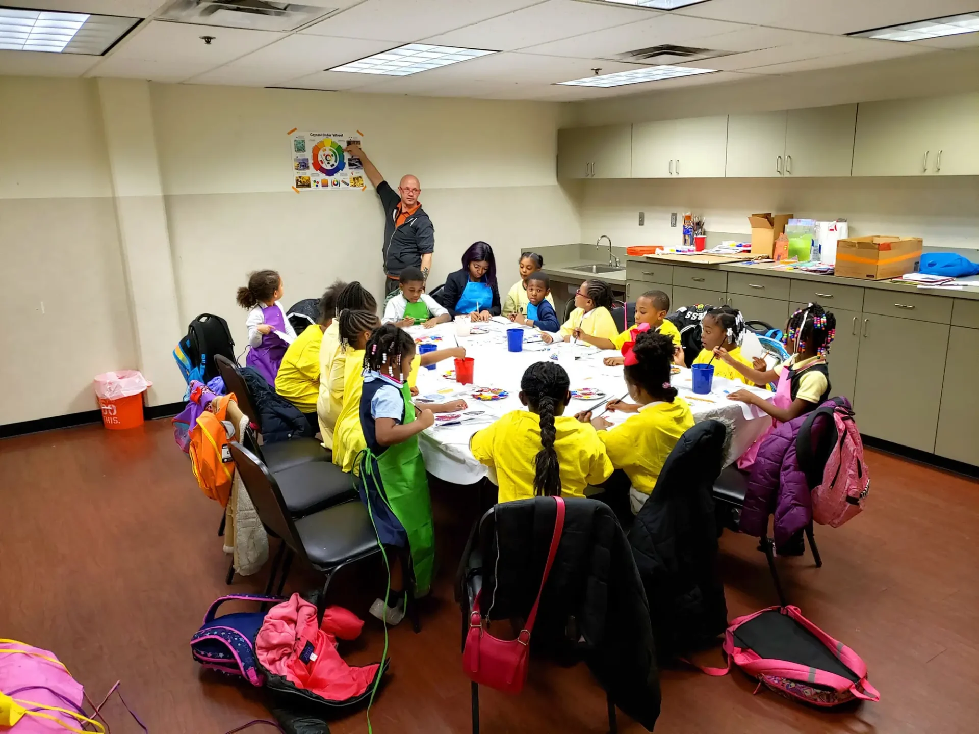 A teacher showing a group of students something