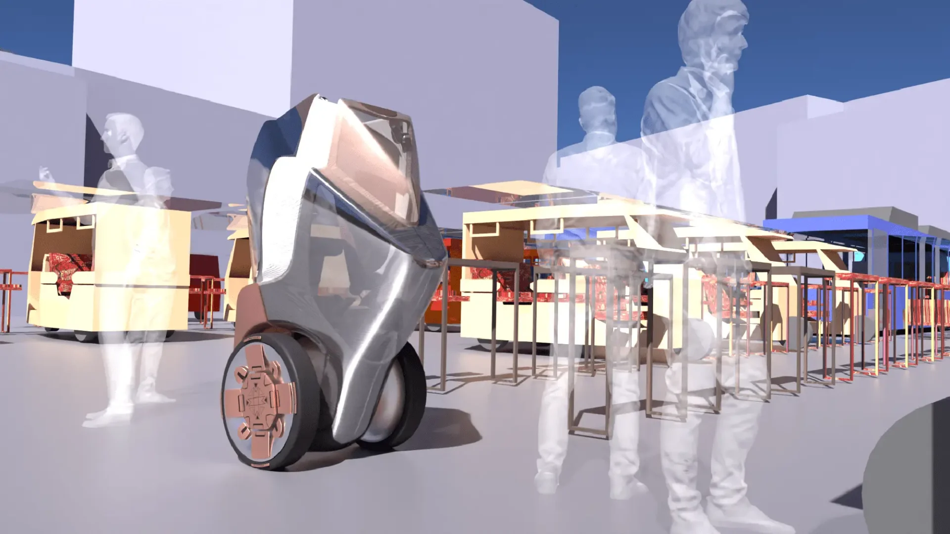 A rendering of a robot on two wheels