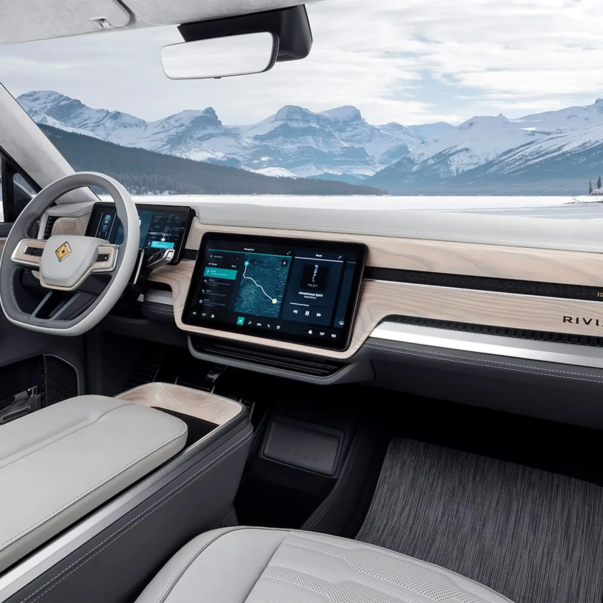 The interior and dashboard of a Rivian