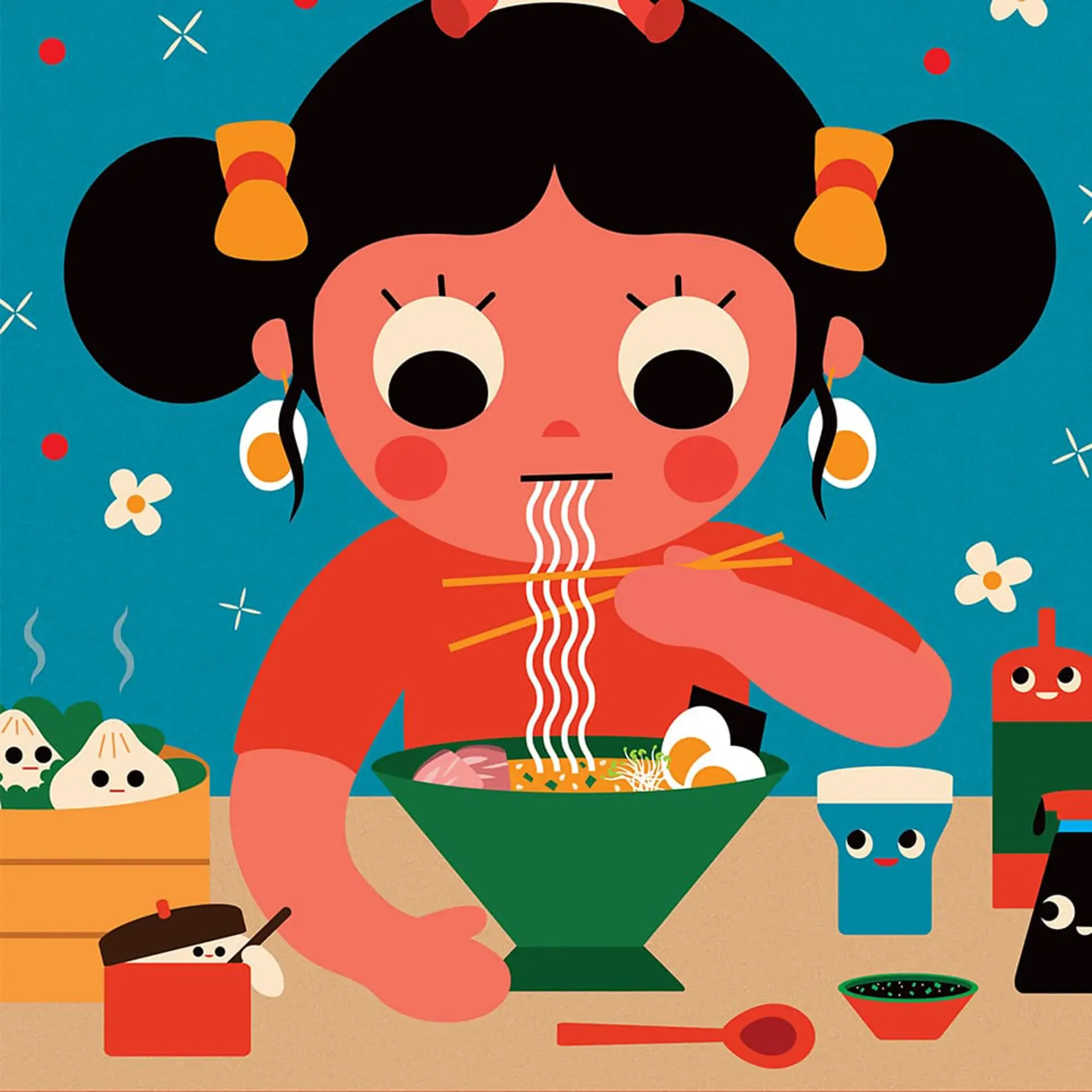 A colorful illustration of a young girl slurping some ramen noodles from a large bowl