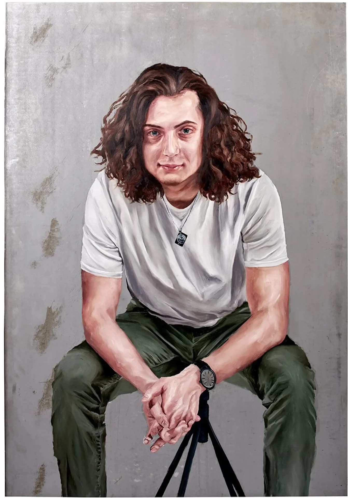 A portrait painting of a man with long hair sitting in a chair