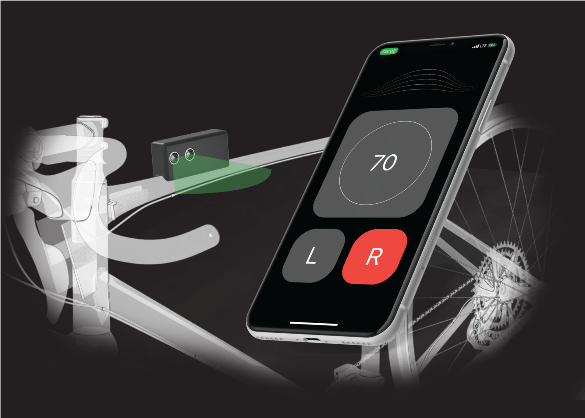 A rendering of the Rideright app open on a phone, mounted on the top bar of a bike