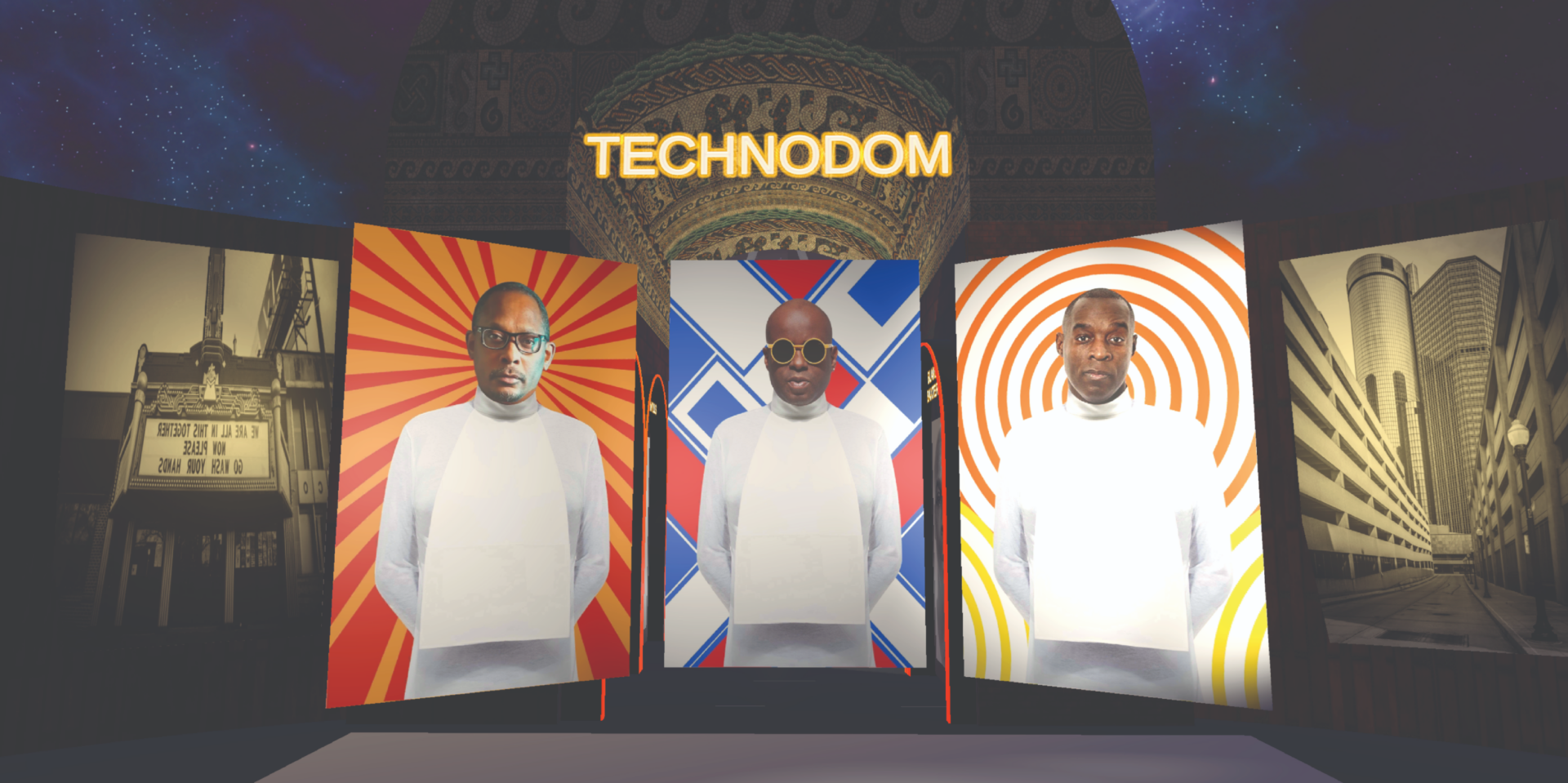 Three large portrait screens featuring 3 individuals, all dressed in white in front of colorful patterned backgrounds, with "technodom" above them