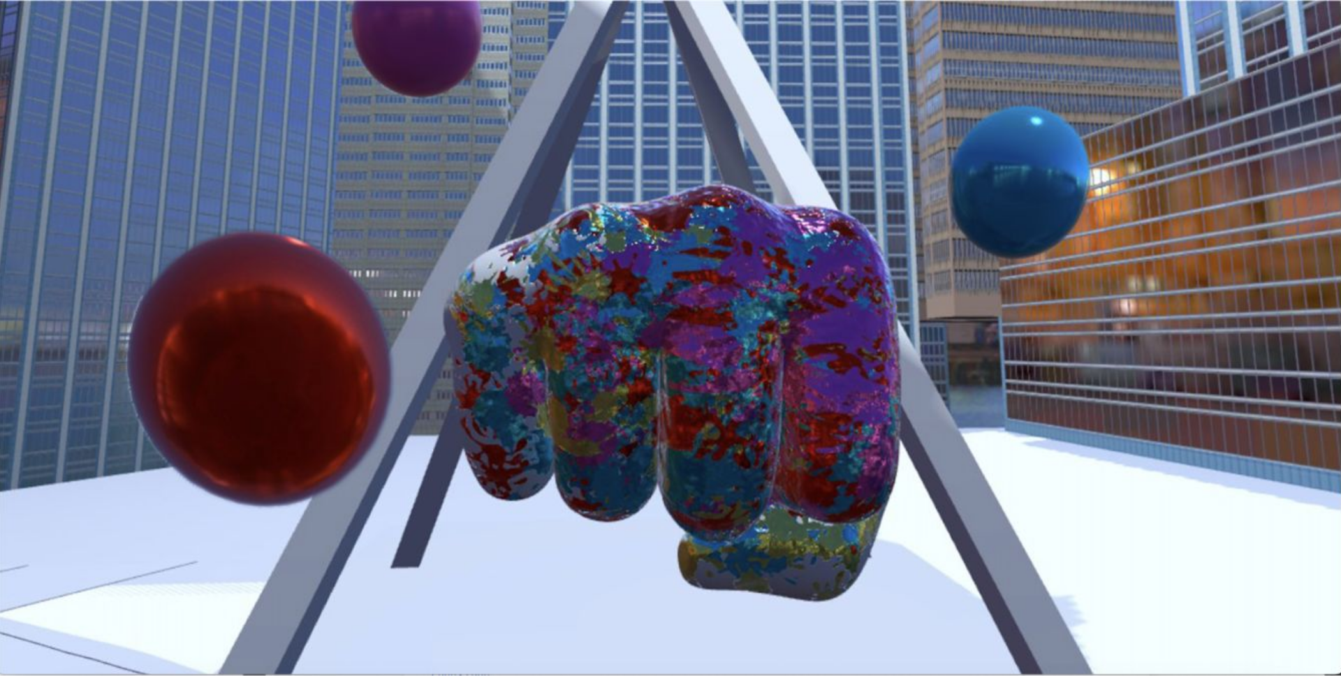A rendering of the Spirit of Detroit; a giant technicolored fist set in the city