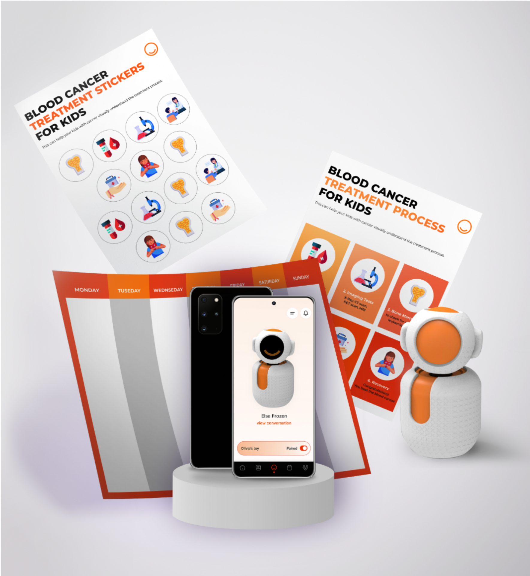 A shot of the Smile Kit robot, app, and various accompanying print materials