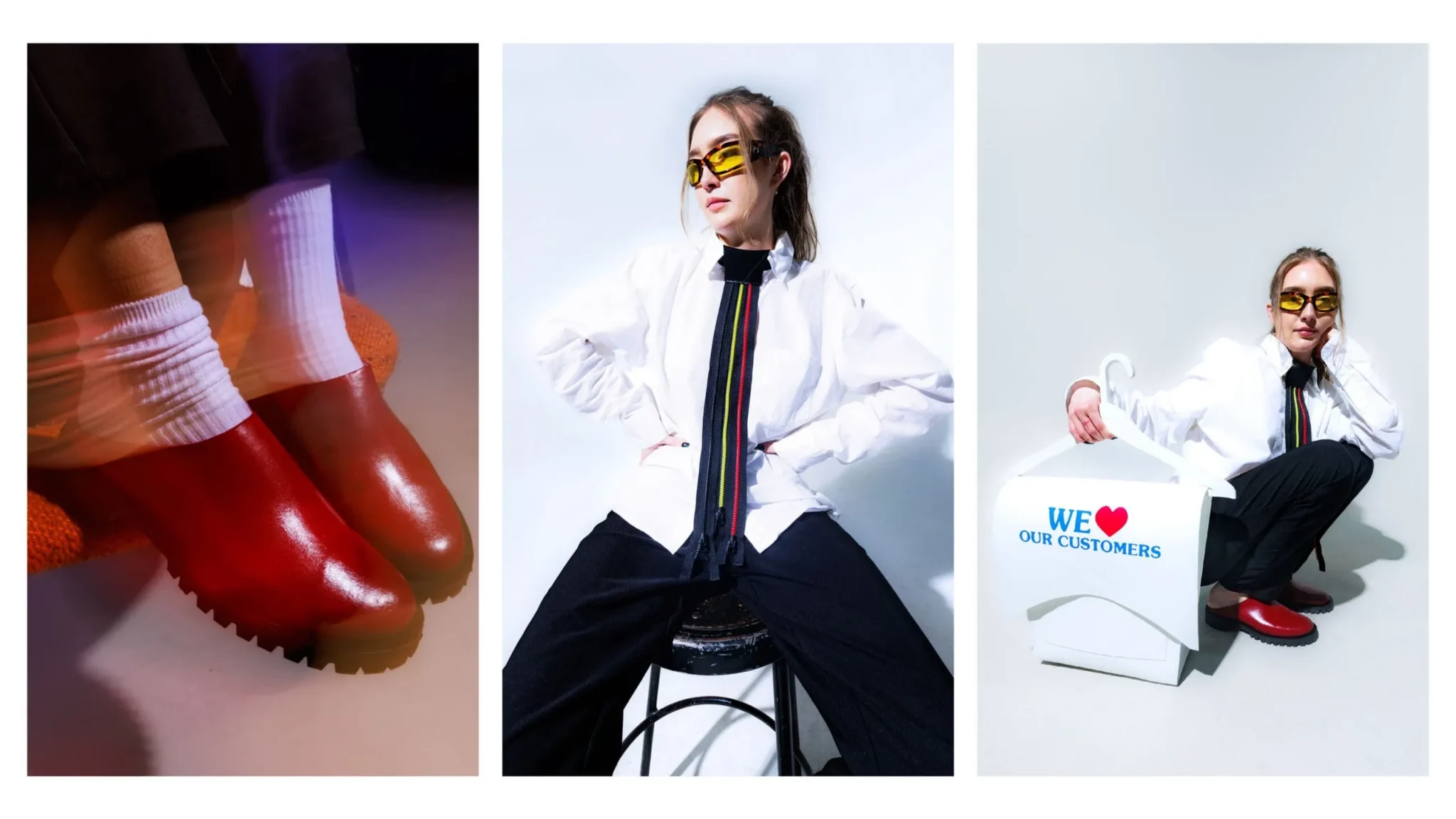 A group of three pictures including one of red mule shoes, followed by a photo of a model sitting on a stool in a white shirt and black pants and a colorful scarf, followed by a bag made from dry cleaning labels.