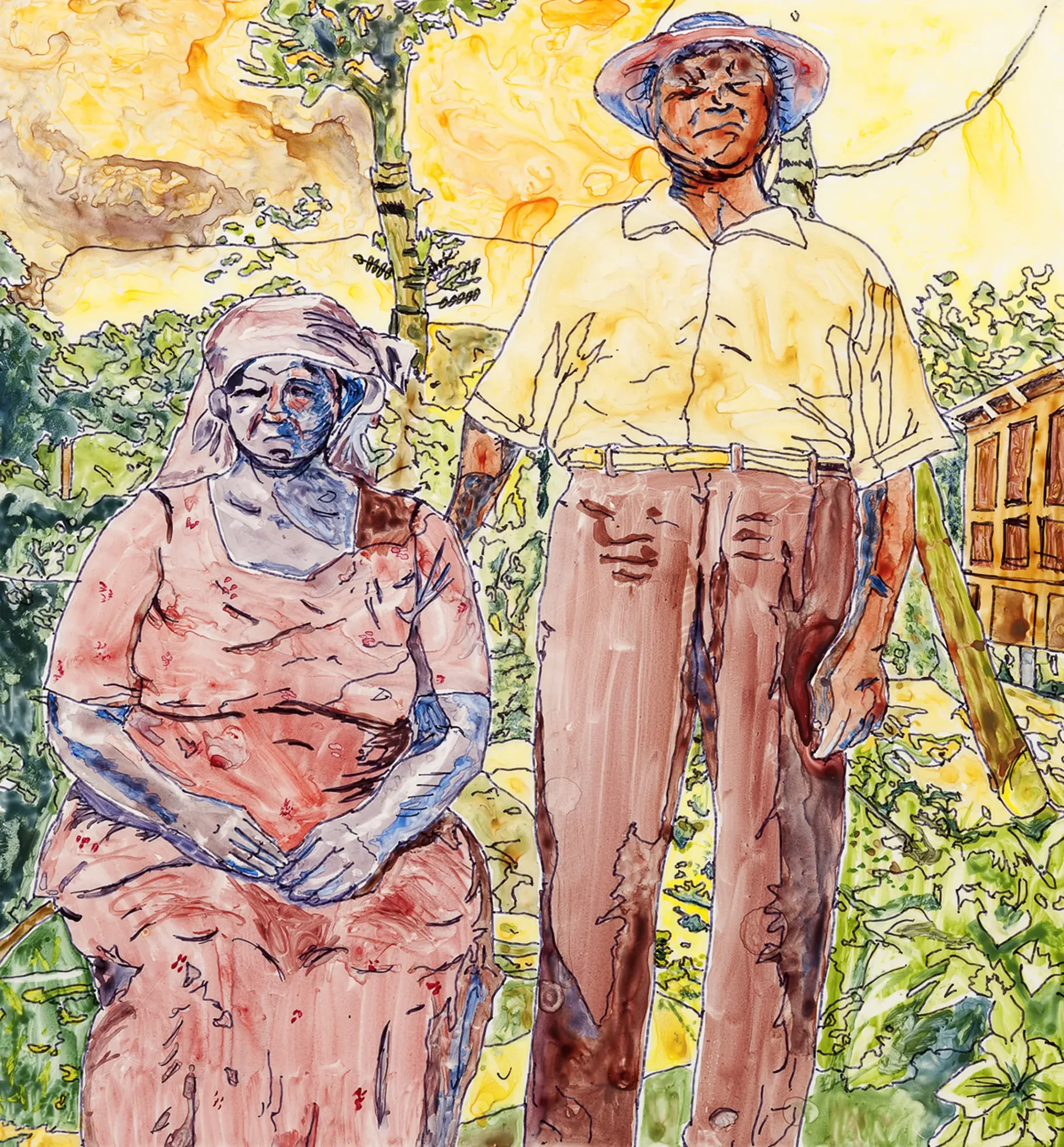 A watercolor painting of an older couple. The woman is sitting down, the man is standing next to her with a hand on her back.