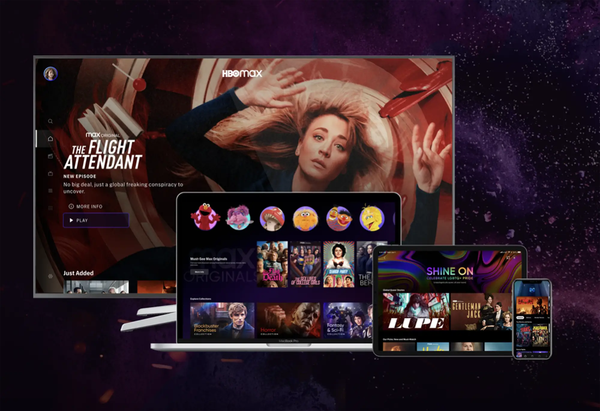 An image of a TV, laptop, tablet and phone showing the HBO max interface and how it looks on different screens