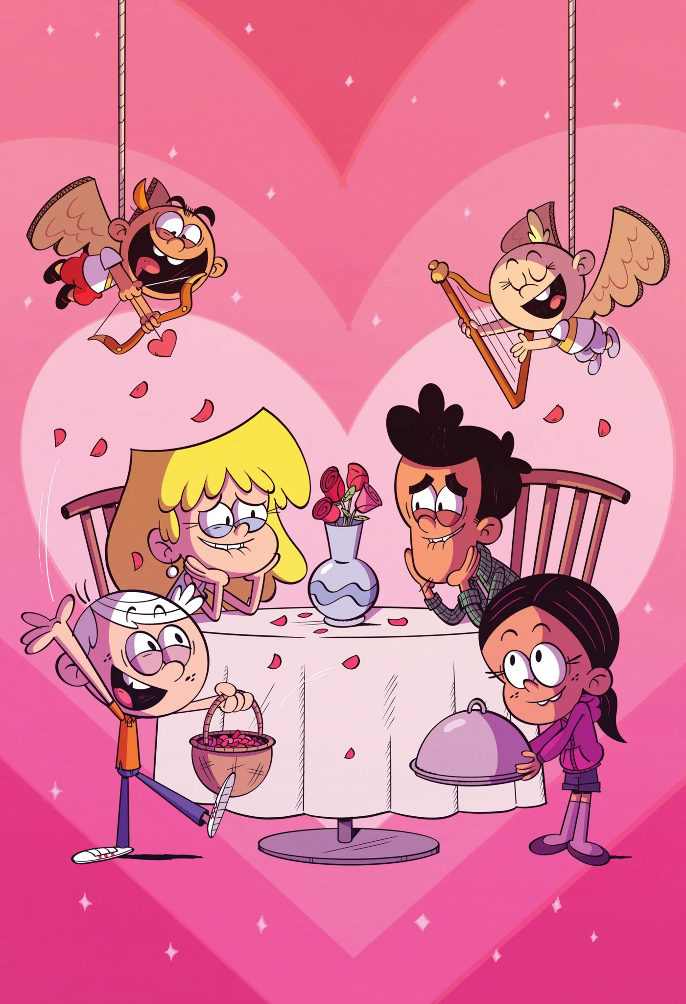 A cartoon image of characters looking into eachothers eyes at a table with flowers. There are little angels hanging from strings above them