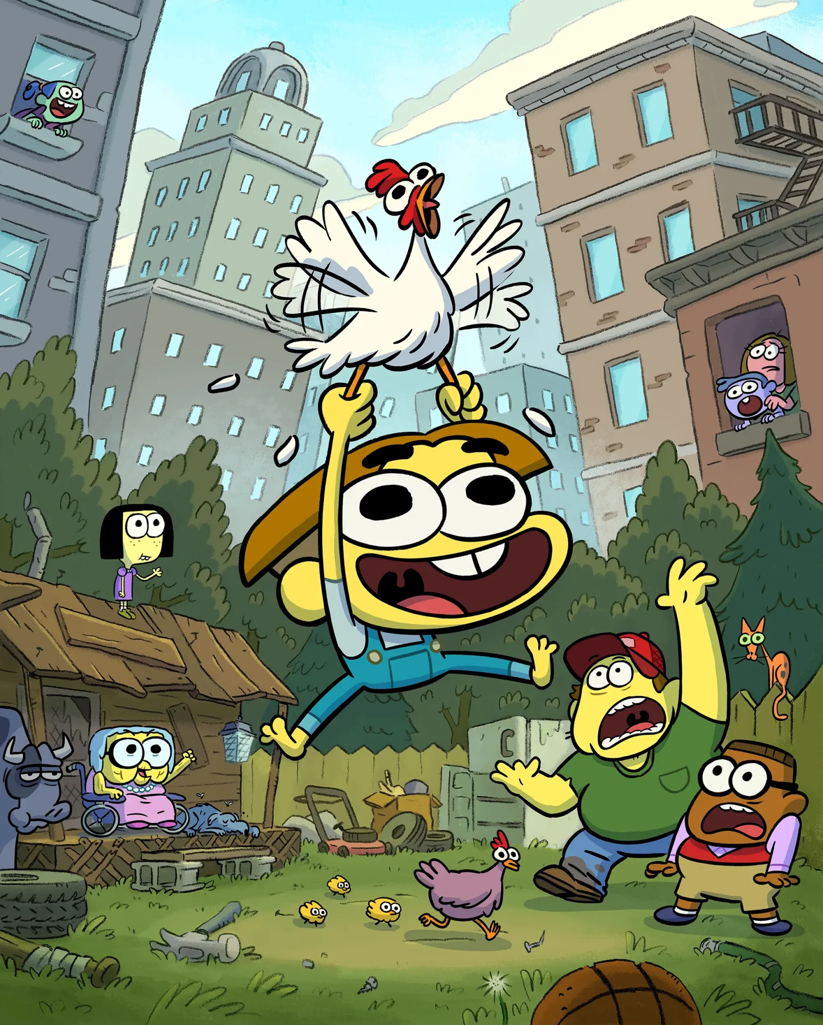 A cartoon scene of a kid jumping up to grab a chicken in a field with a cityscape in the background