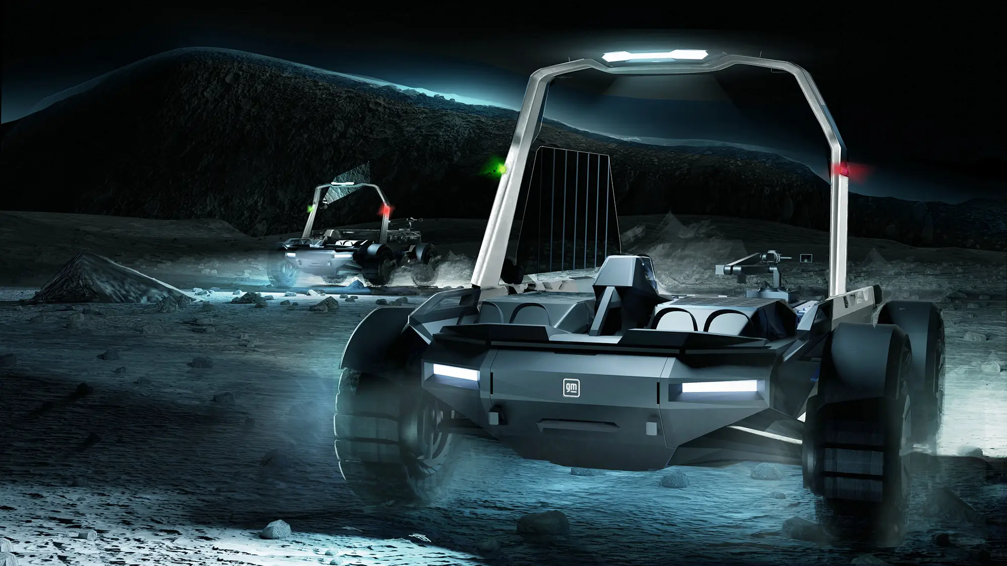 A dramatically lit image of a lunar rover on the surface of the moon with a space background