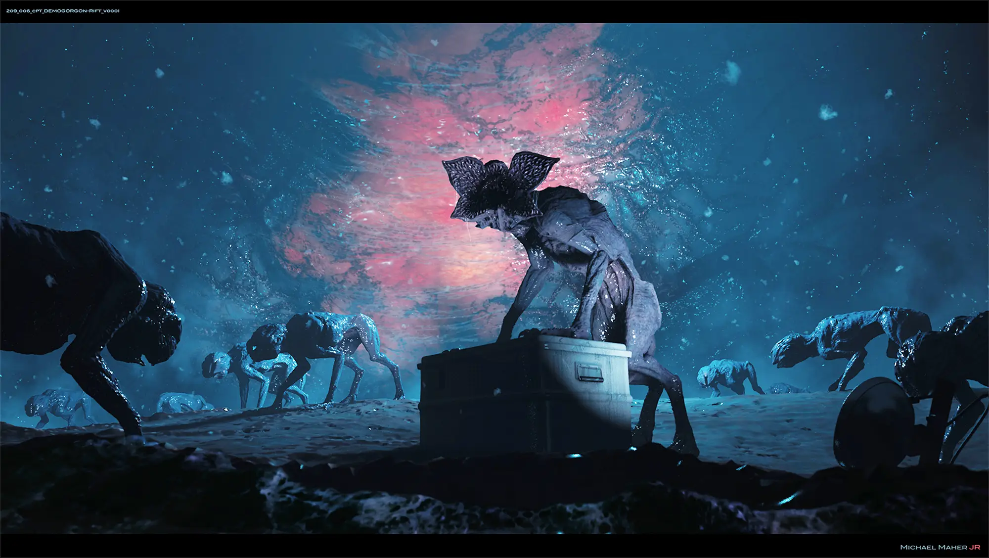 A monster with a flower head, stepping on a block with an eerie backdrop. Other similar monsters are in the background, walking around