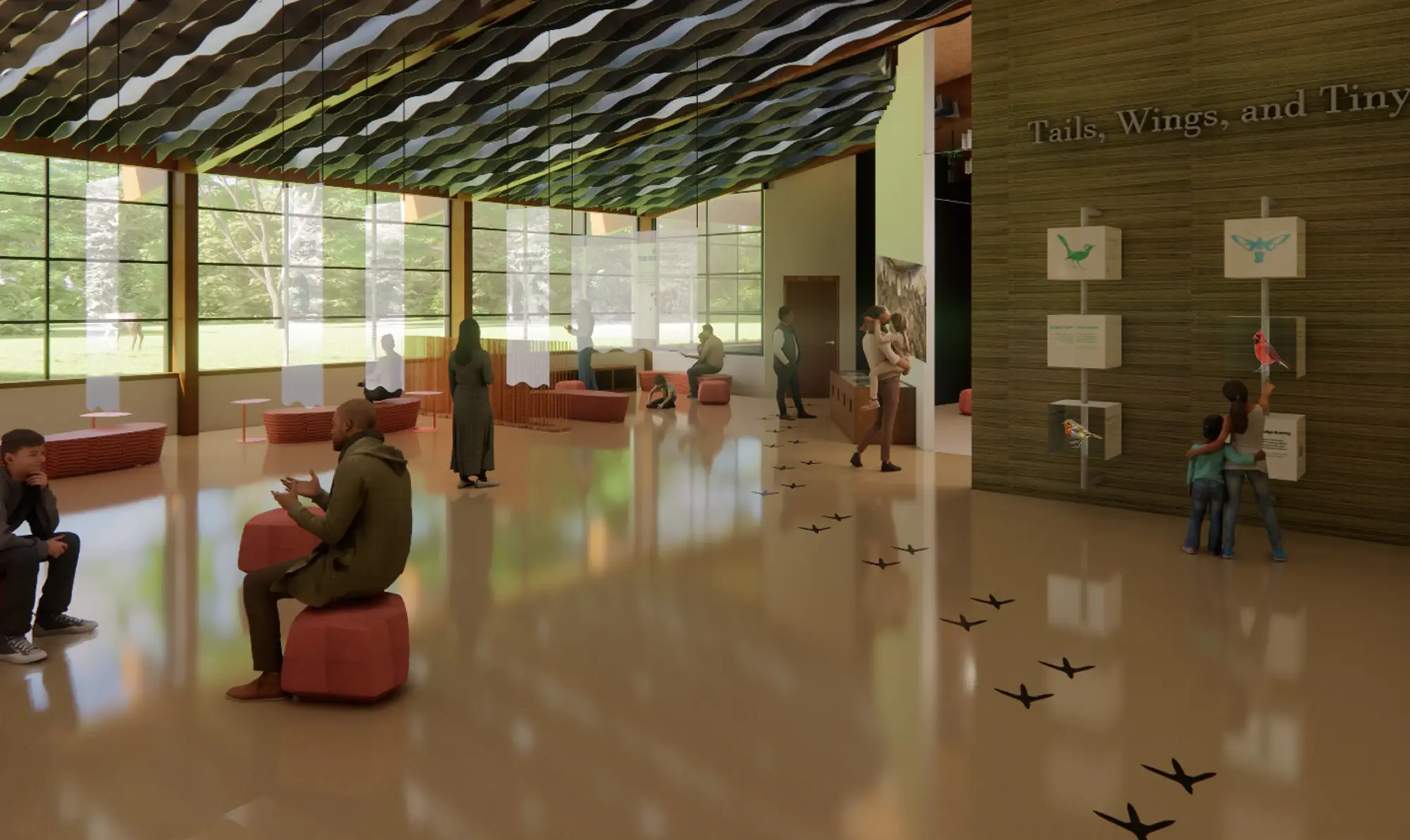 A large open lobby with a glass wall. There is a wooden wall and scattered furniture and seats around the lobby with people walking and sitting down and talking to eachother