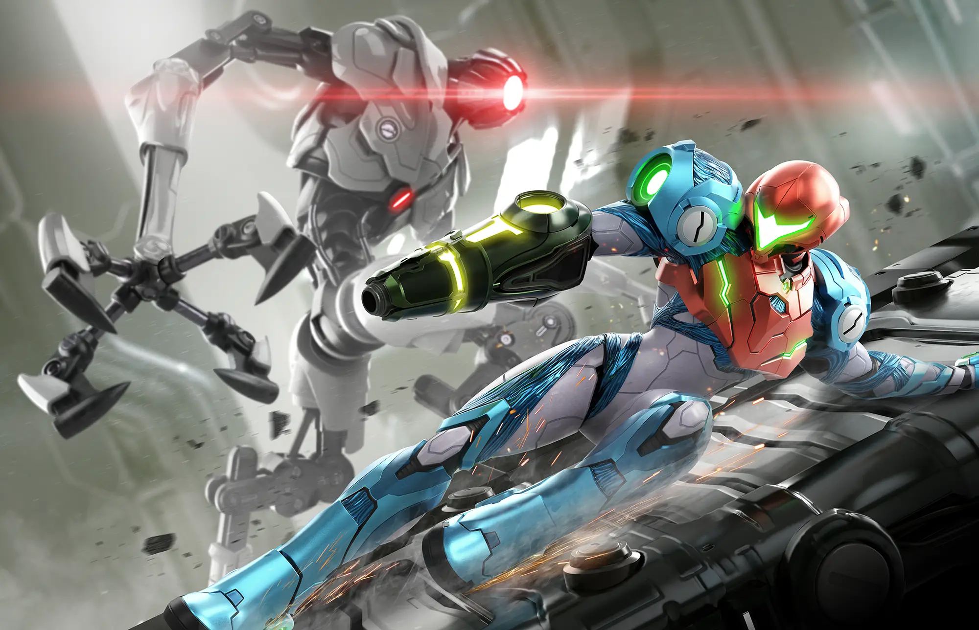 Two colorful robots fighting in a futuristic scene
