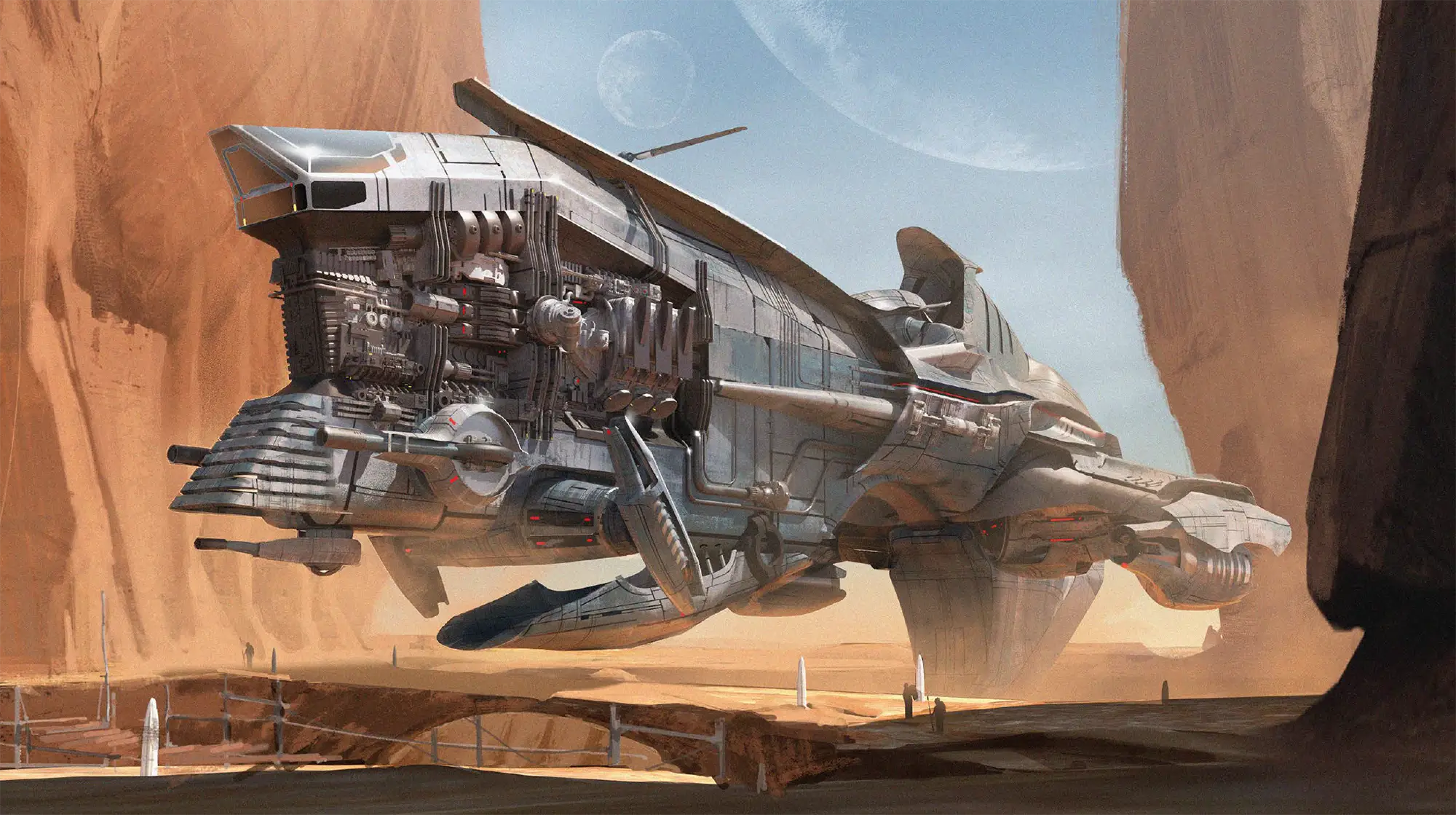 A giant spaceship docking on the surface of a Mars-like planet