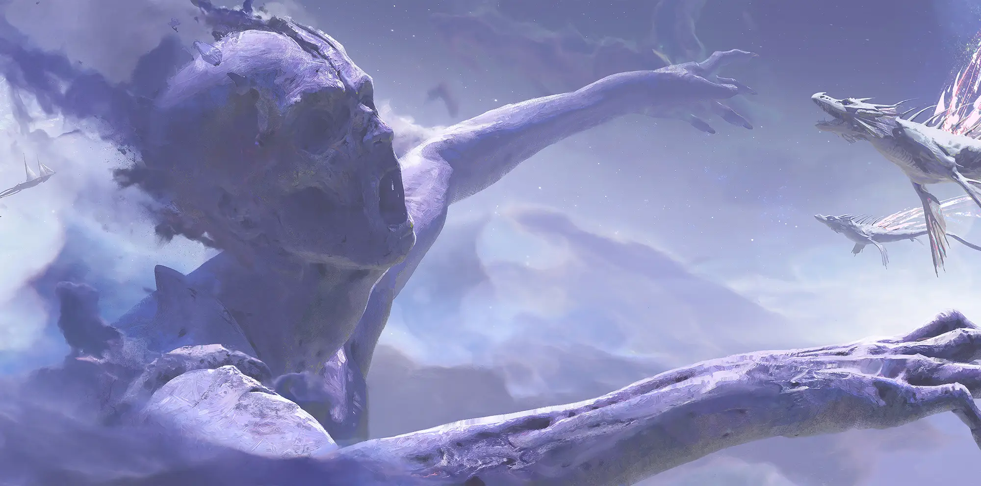 A giant figure extending through the clouds, mouth open, lunching towards a dragon