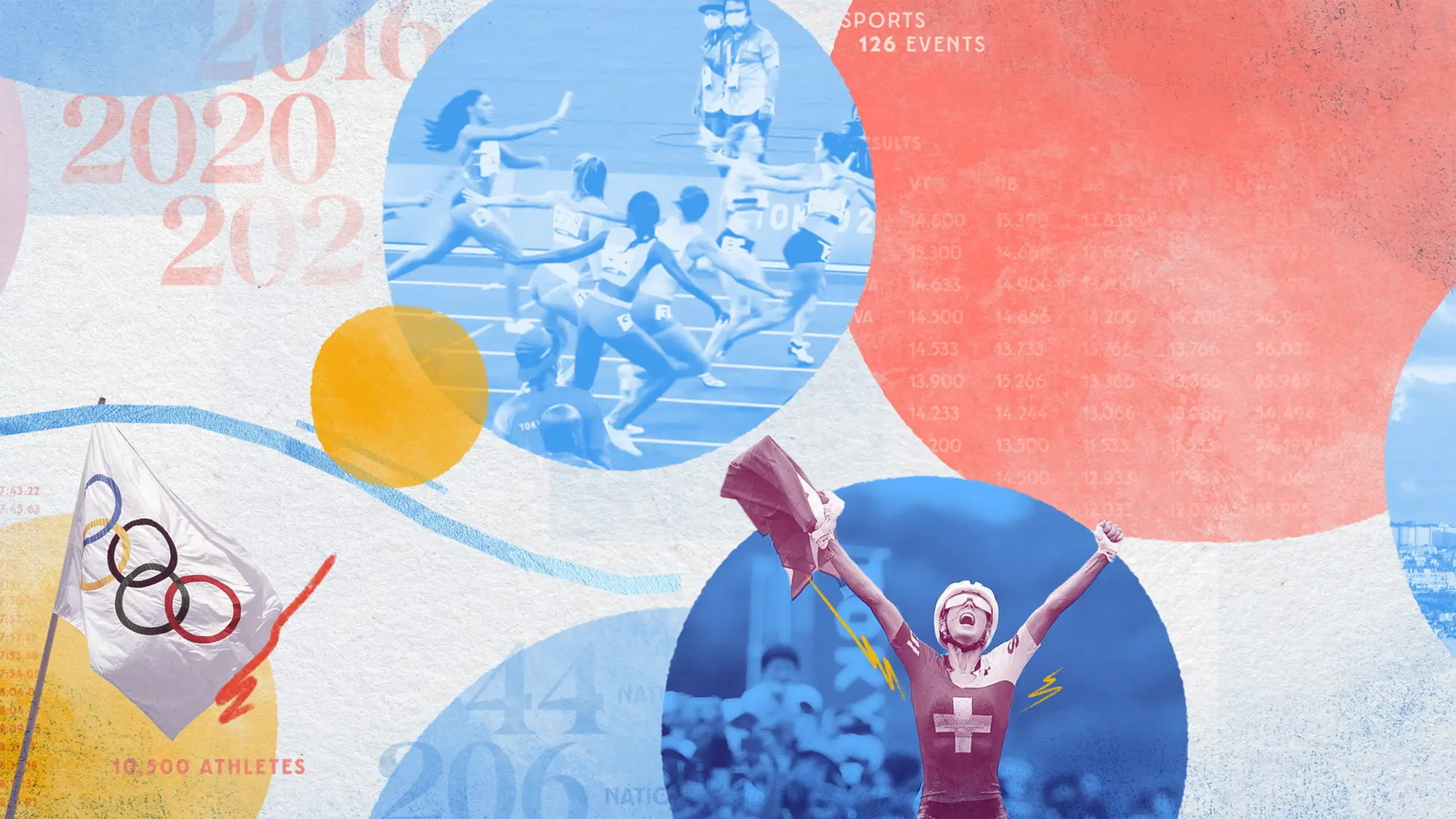 A branded screen for the Olympics featuring a series of colored dots with images of olympians and graphics overlayed