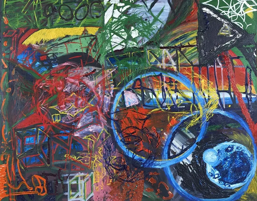 A heavily layered abstract painting featuring a mix of dark greens, blues, and energetic red scribbles. The lower-right corner stands out with two large blue circular shapes, one enclosing a textured blue sphere resembling a planet.