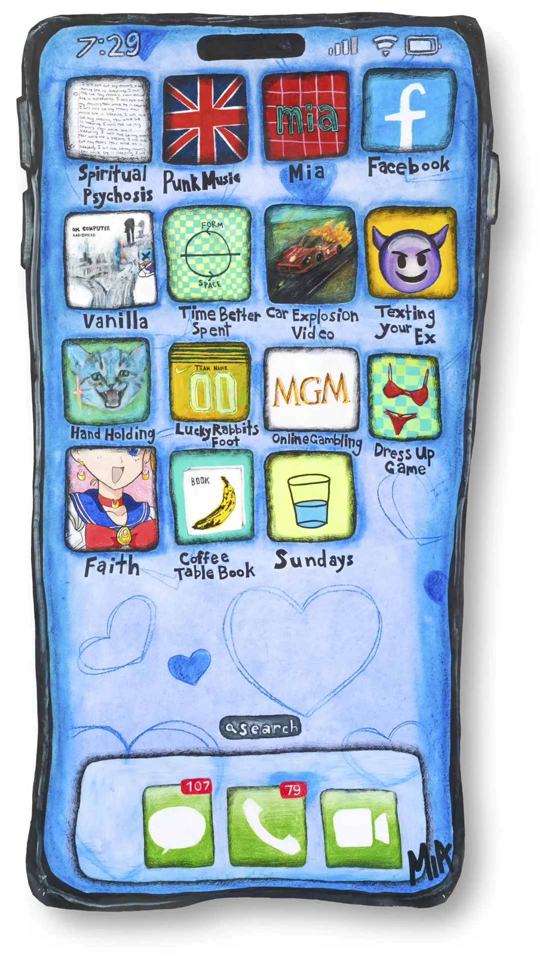 Hand-drawn map in the shape of a cellphone with custom apps, acting as a personal guide.