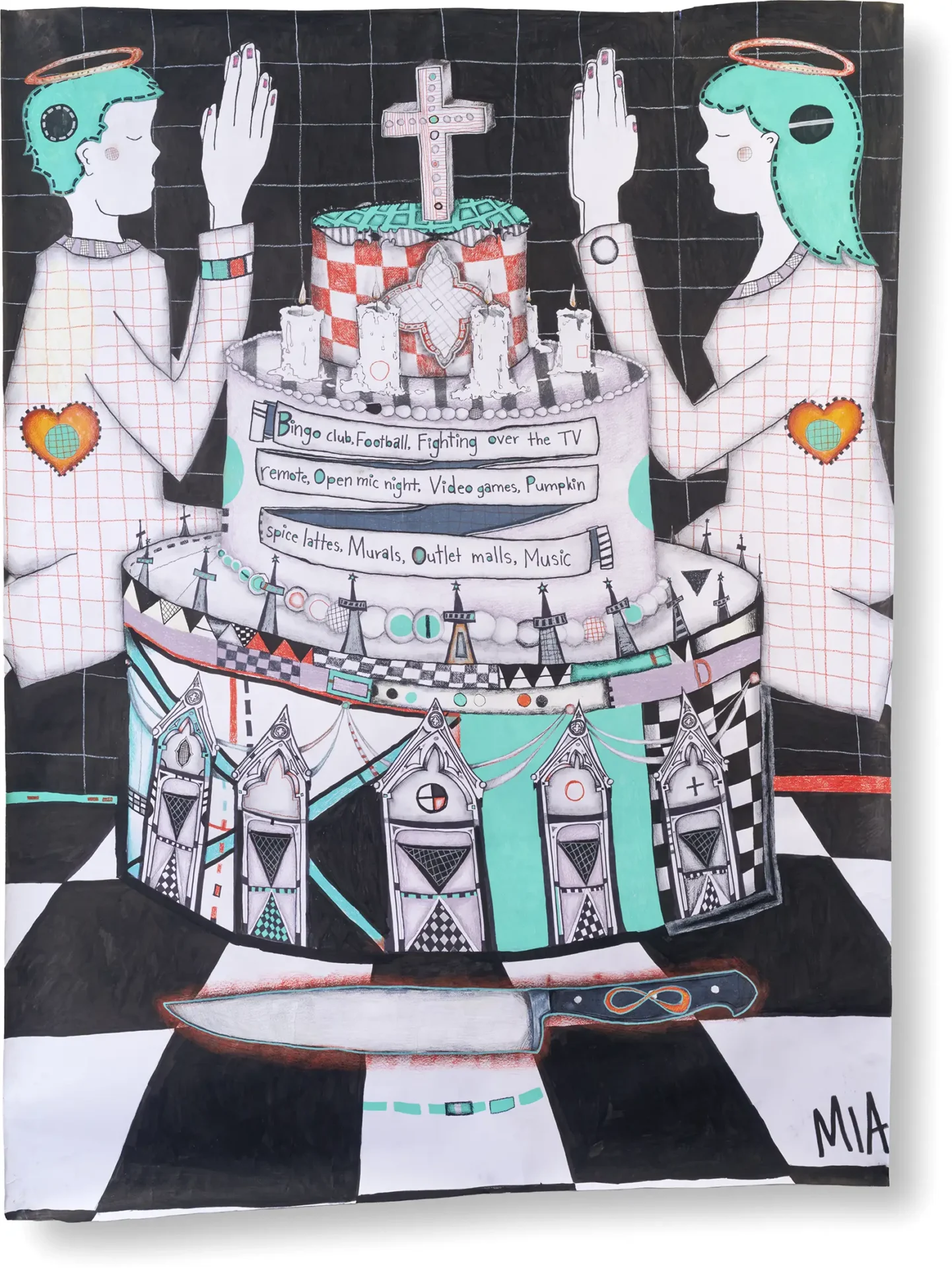 Stylized drawing of two children kneeling in front of a cake with a large knife in the foreground.