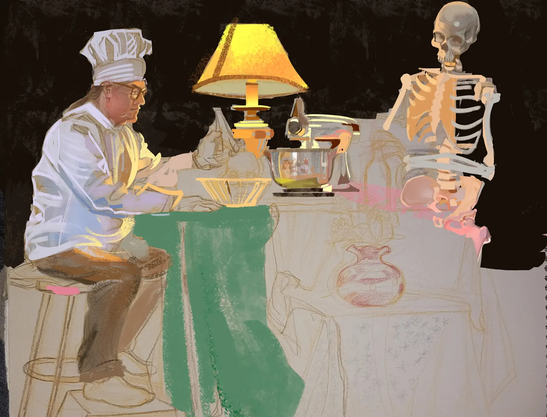 Unfinished figurative study of a chef sitting at a table with a skeleton.