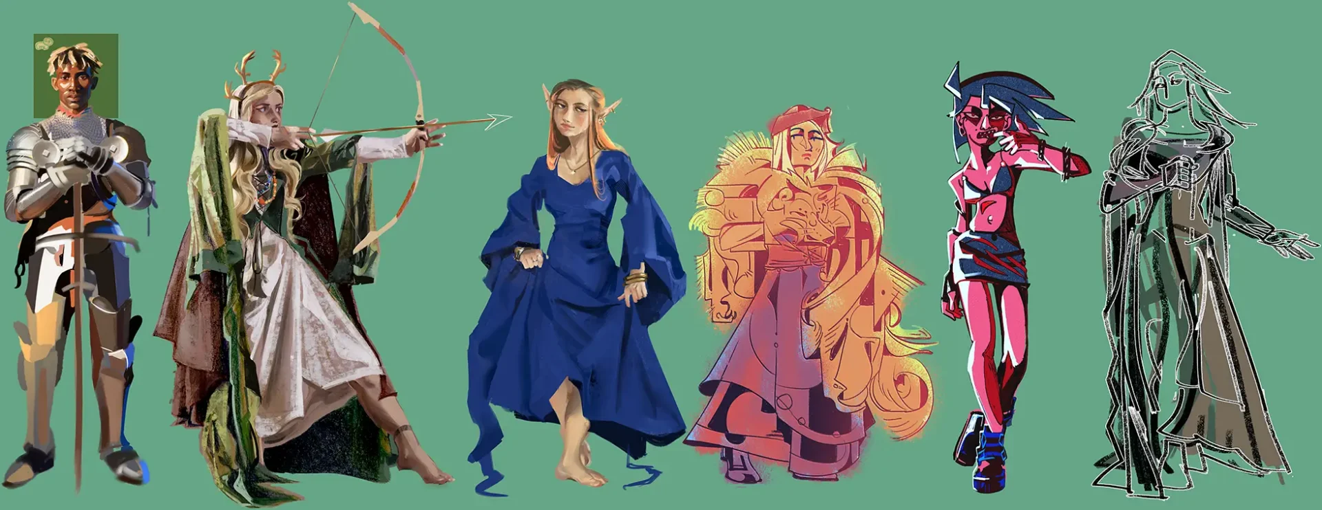 Character study in stylization—a lineup of 6 characters rendered in differing styles.