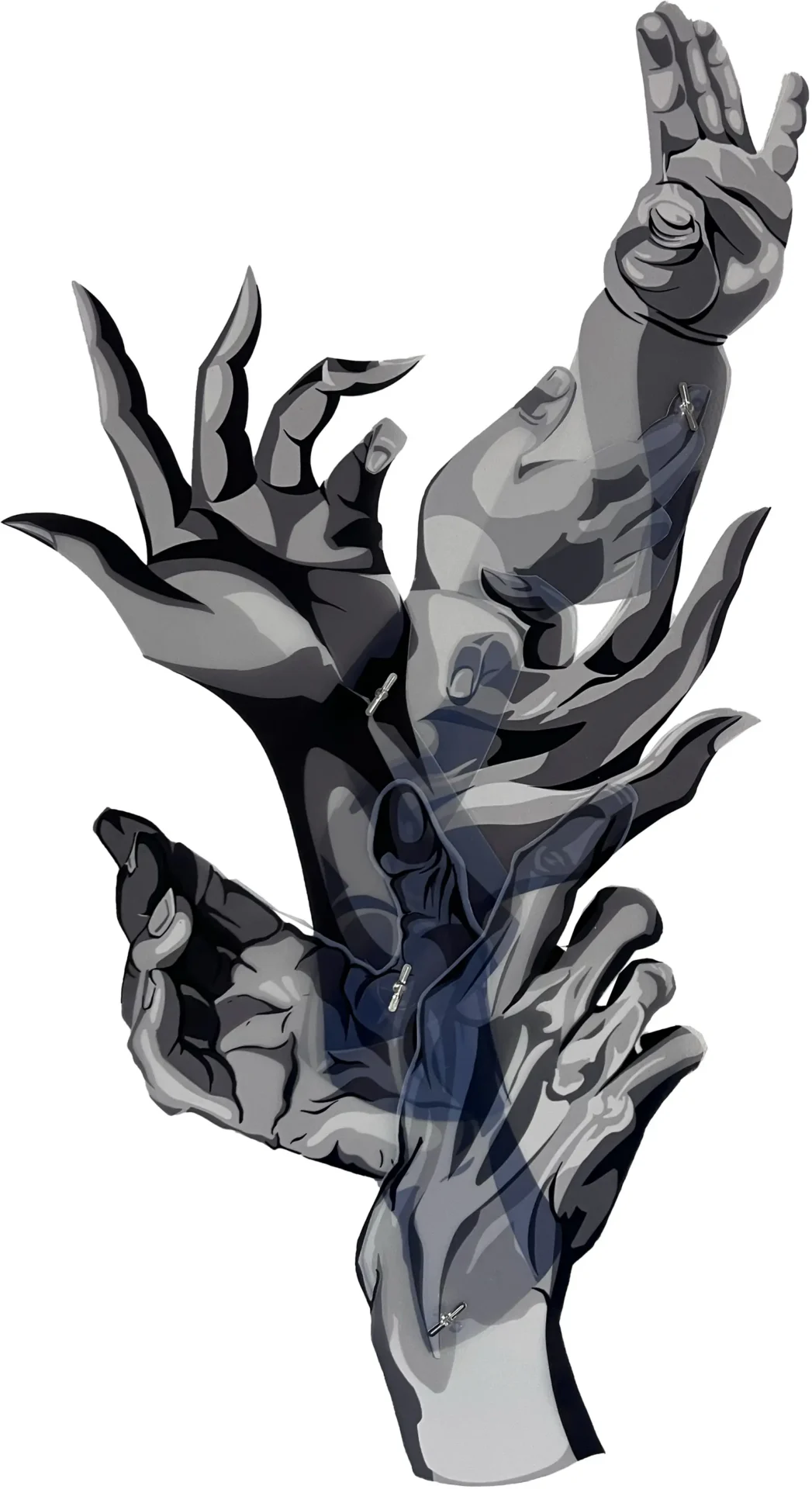 Documentation image of hand illustrations depicitng various ages printed on transparency and hinged together to form an interactive drawing.