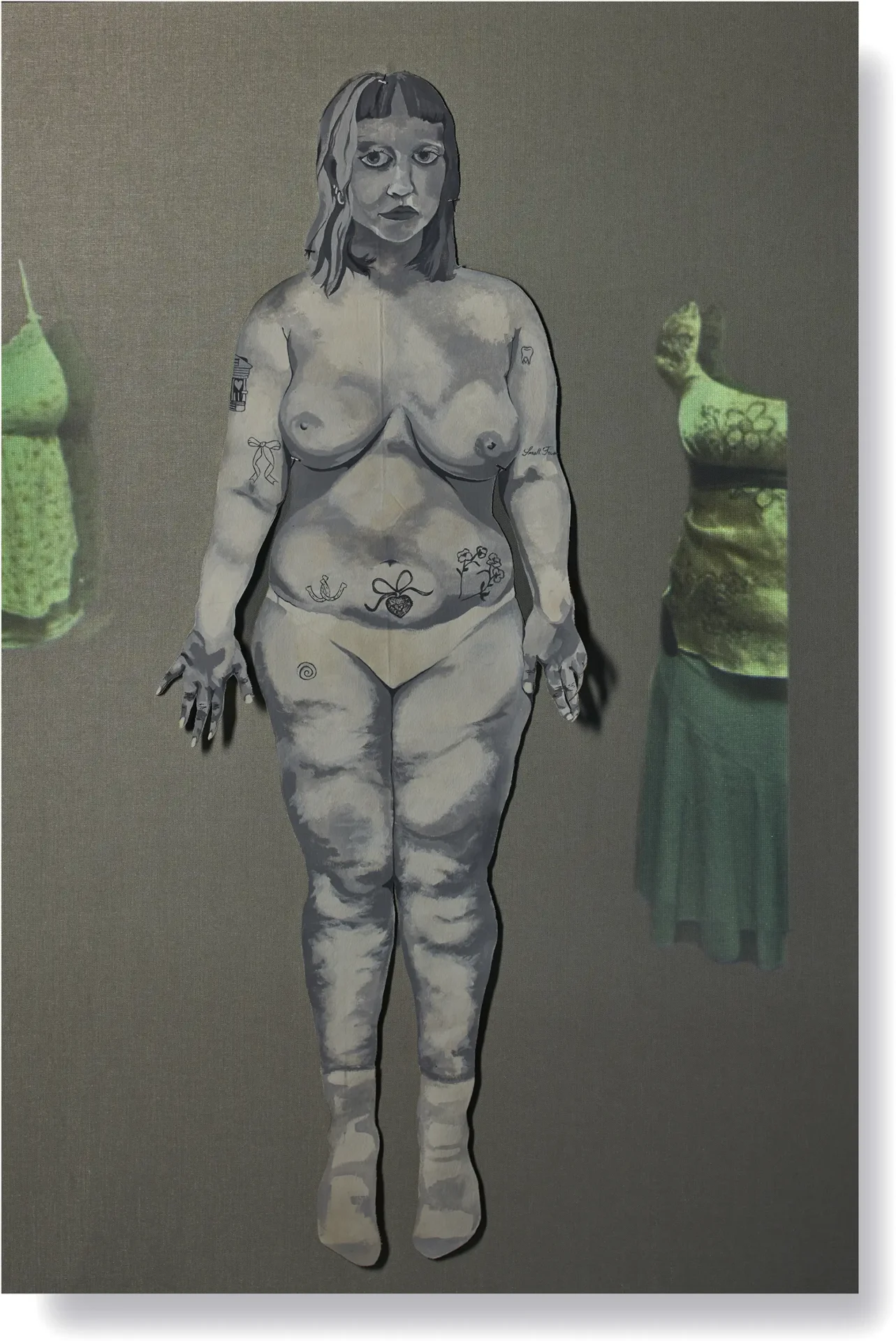 Series of 6 images of a female figure with clothing collaged on top in the style of a lookbook.