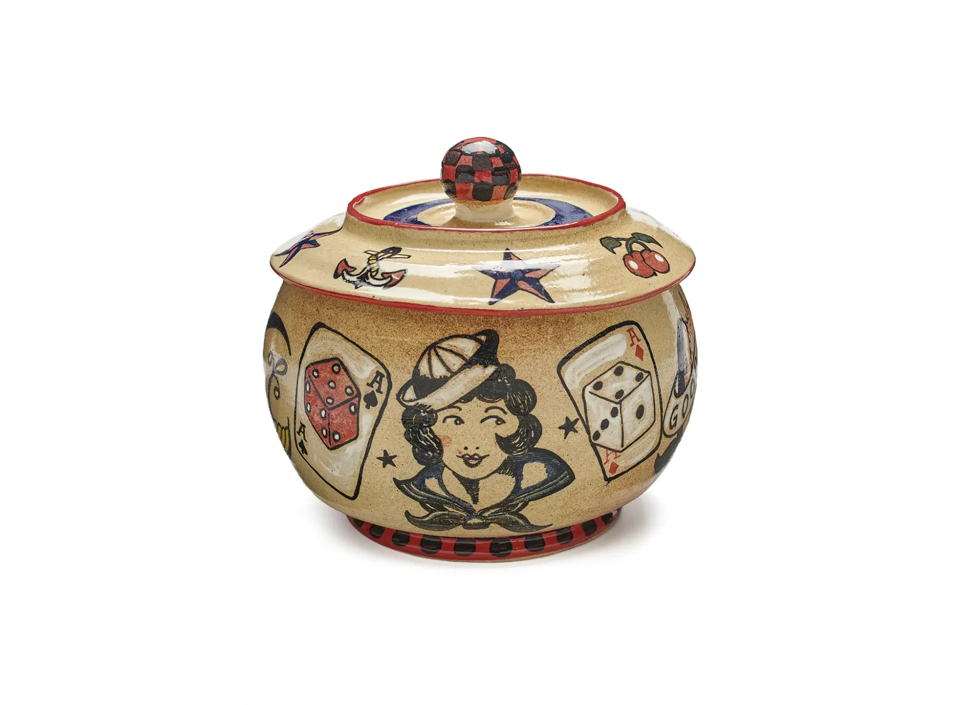 Cookie jar with Sailor Jerry-style tattoo flash.