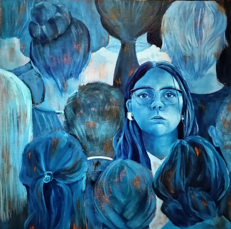 Painting depicting a young woman facing forward amidst a crowd facing away.