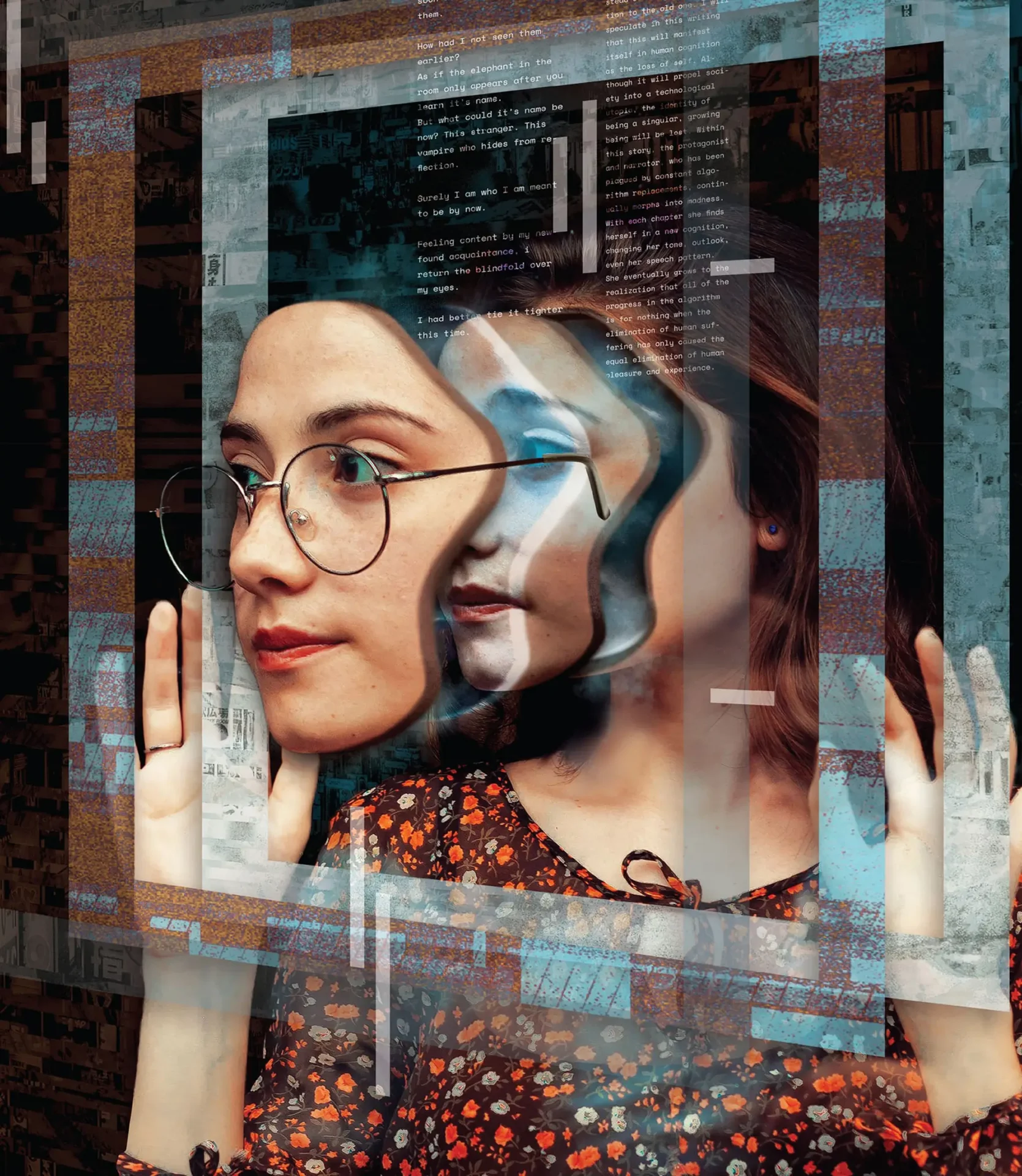 A collage of girls face being layered into different slices and backgrounds, featuring different colors, words and materials